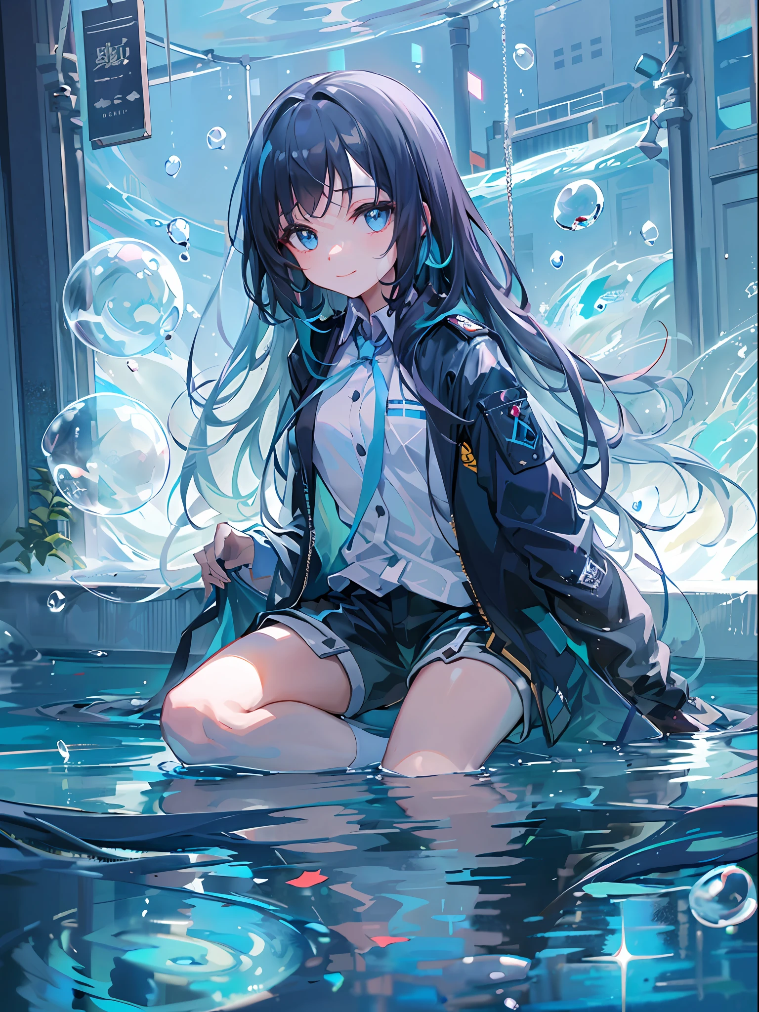 ((top-quality)), ((masterpiece)), ((ultra-detailliert)), (extremely delicate and beautiful), girl with, 独奏, cold attitude,((Black jacket)),She is very(relax)with the(Settled down)Looks,A dark-haired, depth of fields,evil smile,Bubble, under the water, Air bubble,bright light blue eyes,Inner color with black hair and light blue tips,Cold background,Bob Hair - Linear Art, shortpants、knee high socks、White uniform like school uniform、Light blue ribbon ties、Clothes are sheer、Hands in pockets