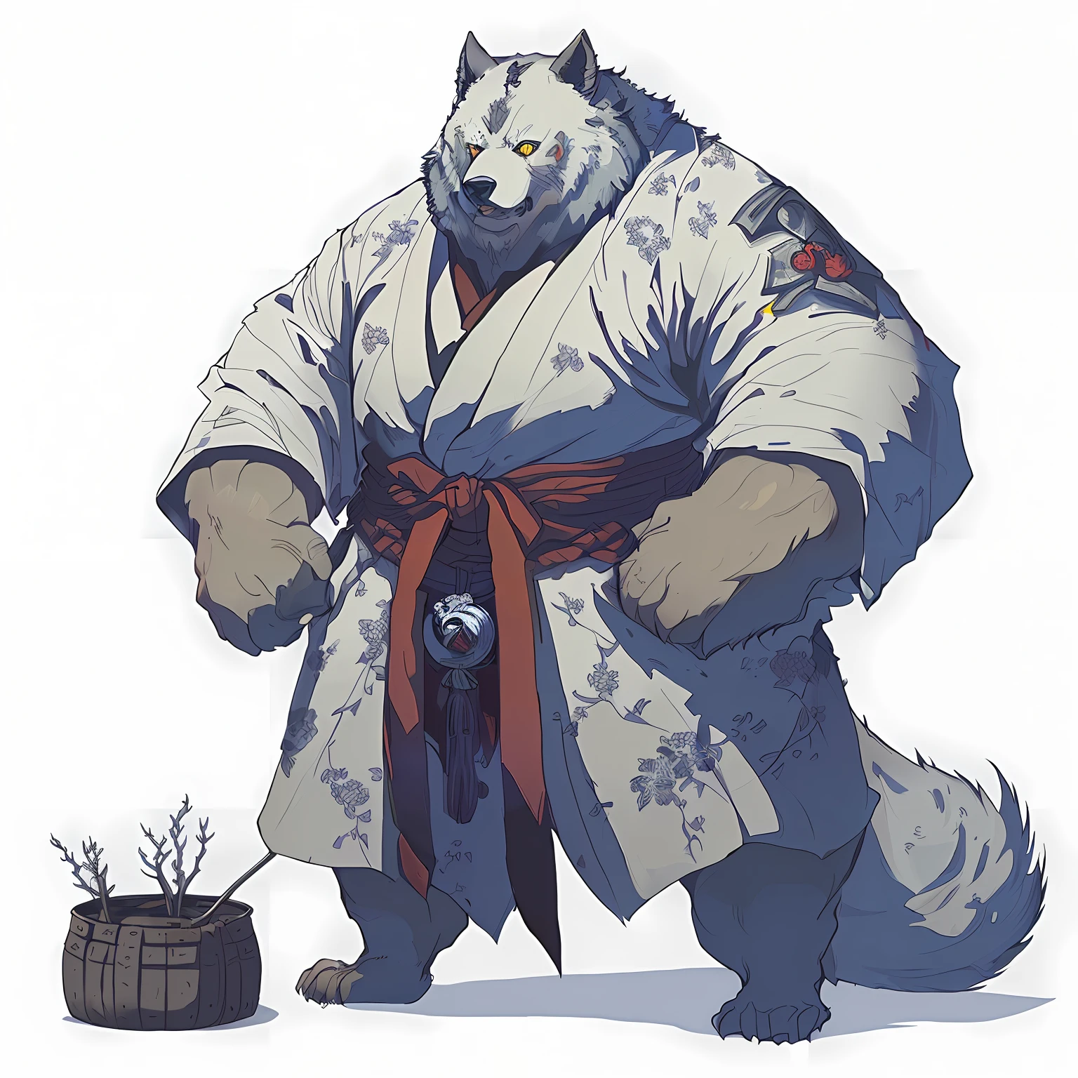 Glowing yellow eyes,Allafed image of a man in a white robe with a red sash and cat, traditional japanese concept art, anthropomorphic samurai bear, great character design, moon bear samurai, black bear samurai, koda kazuma, beautiful full-body concept art, interesting character design, detailed anime character art, by Shiba Kōkan, furry fantasy art