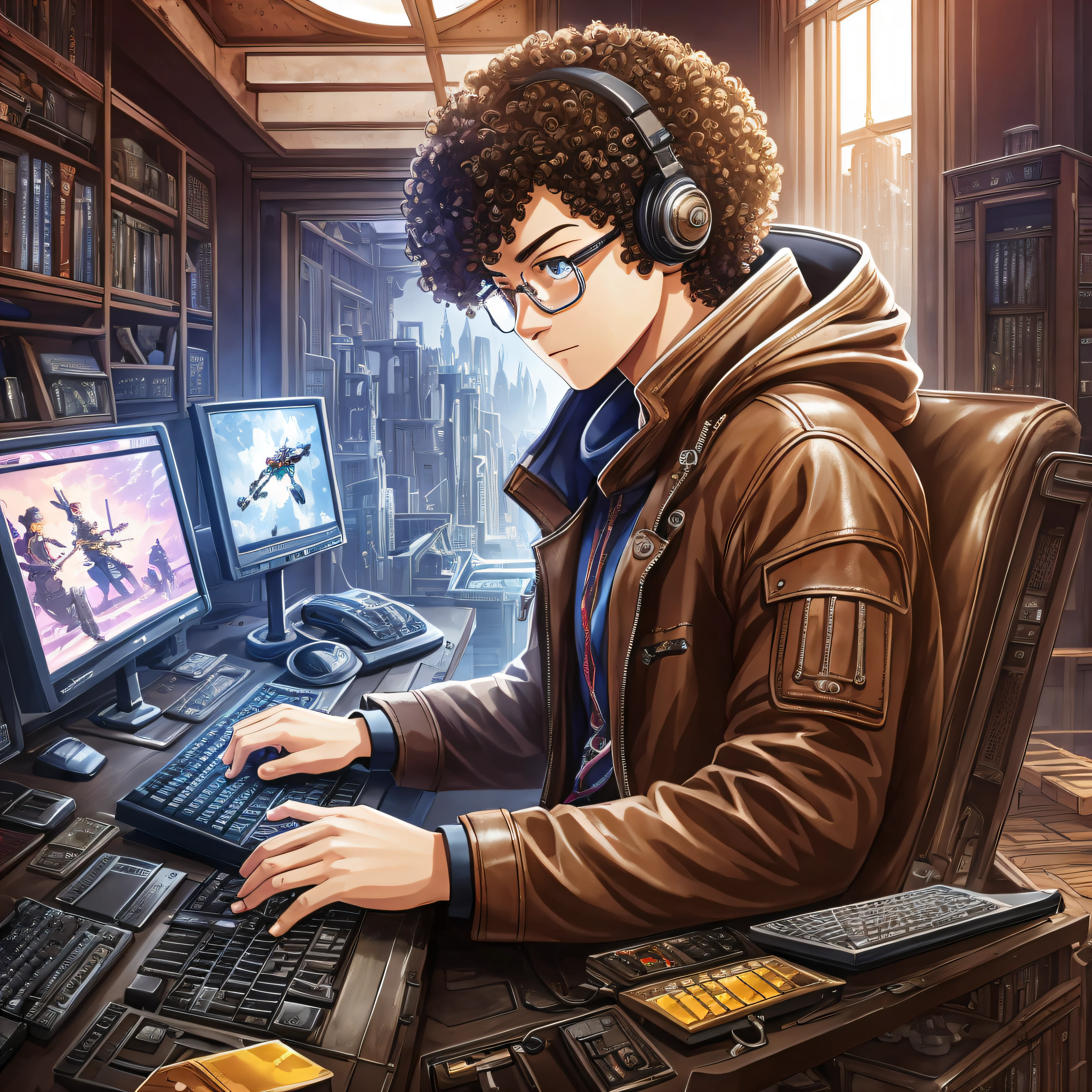 masterpiece, best illustration, solo, 1 boy 11 years old african light brown skin brown eyes with glasses sitting, very short curly hair, keyboard \(computer\), leather trim, computer, monitor, hood, jacket, hood down, chair, headphones, city, instrument, cyberpunk, \(\(intricate details\)\),colorful details,iridescent colors BREAK,\(\(best quality masterpiece\)\),4k,ultra detailed,detailed lighting,\ (\(inspired by Hayao Miyazaki\)\),official art,promotional art,composition, --auto --s2