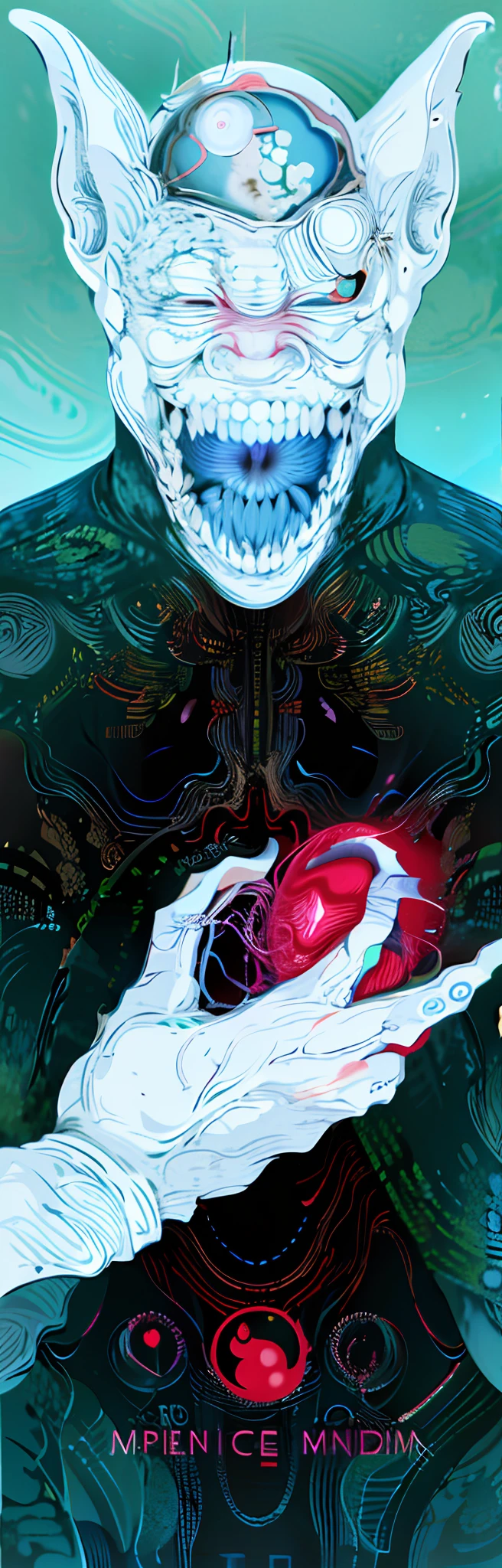 "The white-faced man hugged the red heart，Inspired by Philip Druillay，cybernetic demon dreaming，yoshitaka amano and junji ito，melted cyborg，Bio mech，psychedelic organic cyborg，Junji Ito 4K，moebius and kilian eng，Detailed cover artwork。“