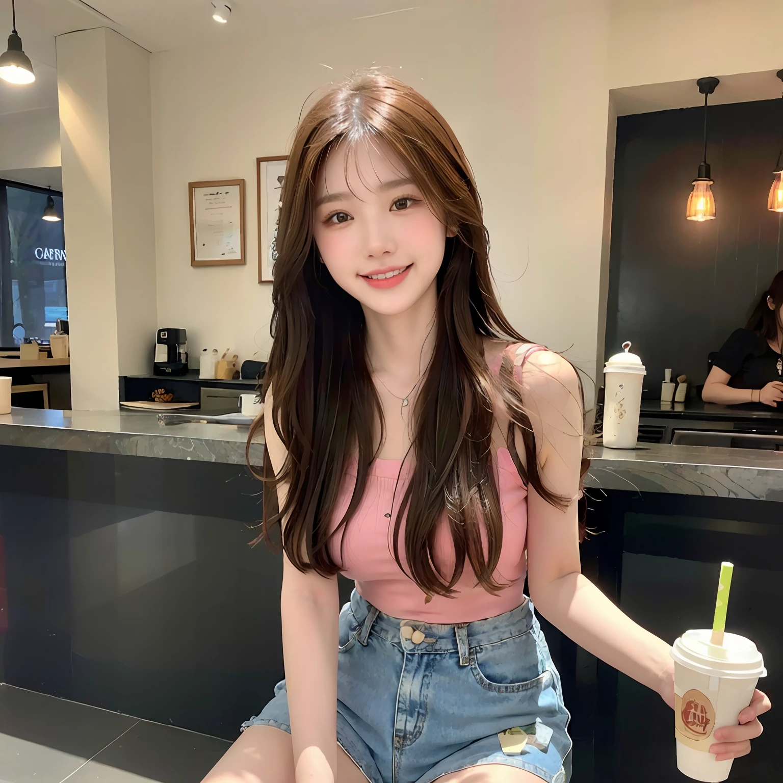 In the café、1 girl in、hair pin、耳Nipple Ring、jewely、brown haired、looking at the spectator、s lips、Playful、Sitting in front of the drawing board、Drawing a picture、thighs thighs thighs thighs、full bodyesbian、Pink top、Denim shorts with straps、Holding a coffee cup、with a sweet smile、Arms sway naturally、It seems to be dancing in harmony with its surroundings。Her breath is、It's as if your whole body is radiating the energy of youth.、Full of vitality and vitality。Her presence makes the whole picture more vivid.、a person々Makes you feel infinite joy and vitality in。独奏、1a person