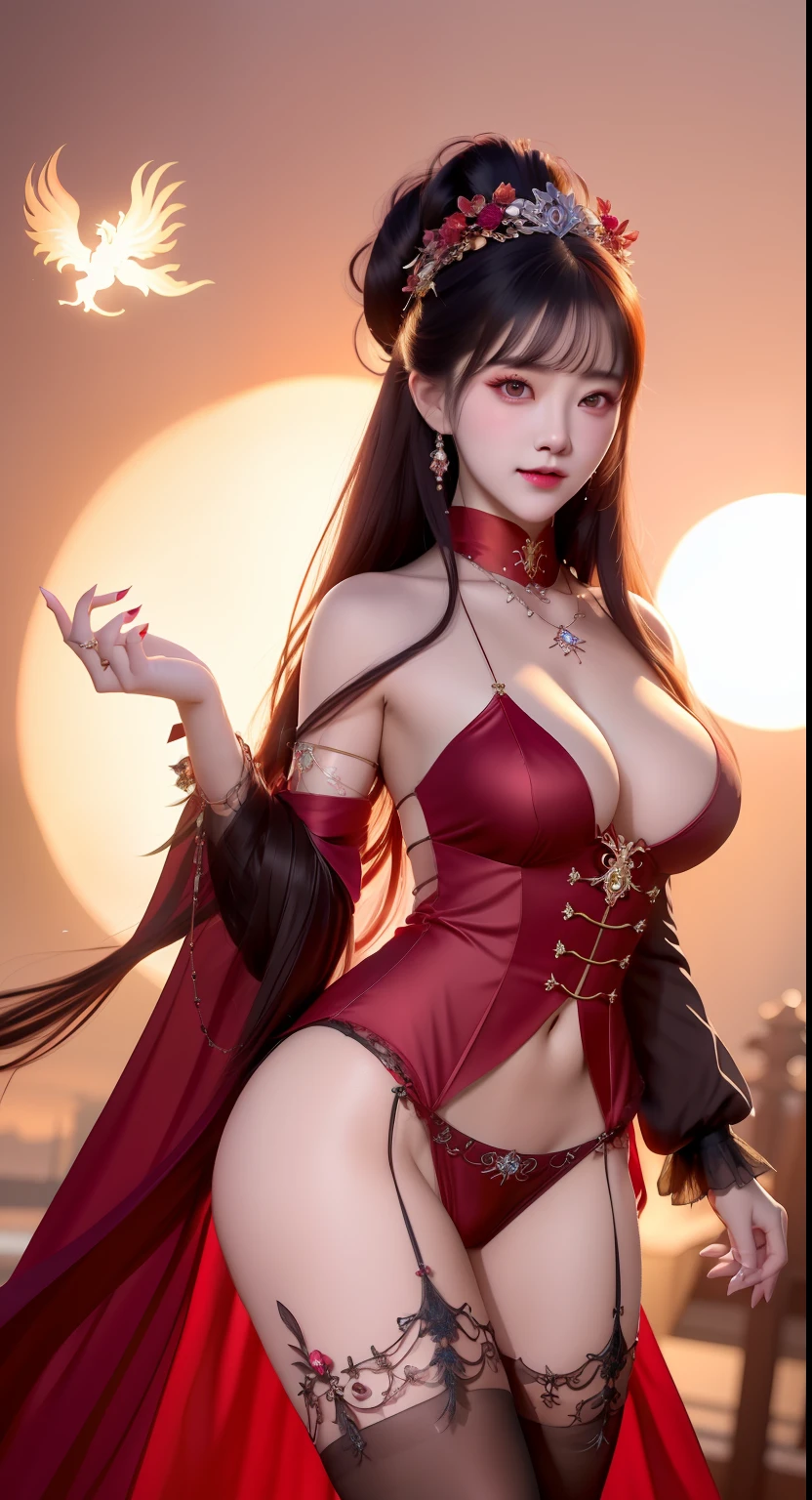 best quality, masterpiece, highres, 1girl, hanfu, white and even teeth, red irises, chinese underwear, hair ornaments, necklace, jewelry, crown jewelry. Pretty face, full body, magic import style, tyndall effect, photo realistic, dark studio, border light, two tone light, (high detail skin: 1.2), 8k uhd, dslr , soft light, high quality, volumetric light, candid, Photo , high resolution, 4k, 8k, Bokeh, (light pink lips), 1 beautiful demon from hell, In the Dark: 1.6 ), surreal full-body women by David Hockney and Alphonse Mucha, fantasy art, photorealism, dynamic lighting, station art, posters, volumetric lighting, highly detailed faces, super 8k, Awarded, in the dark, dark, low light, cowboy lens, (Red phoenix dress: 1.4), long hair, black hair, bust, luxury palace, Royal family style family, devil's crown, red eyes with very sharp and detailed makeup, Best face, Very round and firm breasts, Surreal, chinese women's long clothes, buds Charming smile, Pretty eye makeup, guweiz, devil style, mesh stockings with lace-up waist sock, thigh-length top, dark red turtleneck turtleneck, ponytail with bow at the back , dark red lips, Devil tattoo on shoulder, overcast and thunderous landscape, (full body), Close-up of main character, (Hell background details 1.8), lace waist socks, medium big ass,