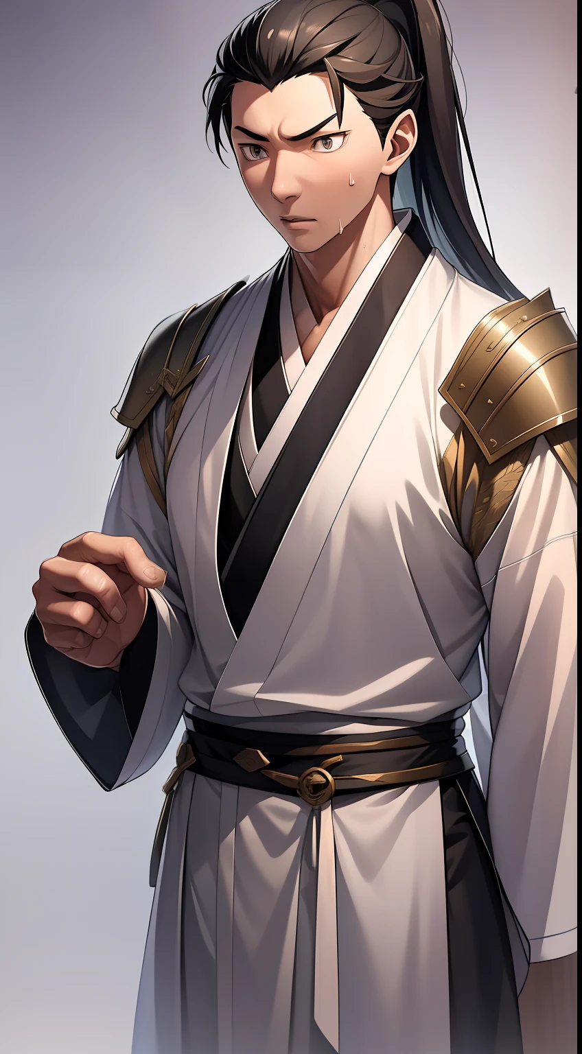 quadratic element，style of anime，mtu（Male Warrior），The proportions are correct，Face details，swordsmen，High ponytail hairstyle，Neck details，There is an Adam's apple，Black Hanfu，kaftan，Embroidered robes，Black robe，clothes details，Handing over，longer sleeves，Game quality，Swordsmanship，Light and shadow tracking，Ray traching，detailed glow，cg render，hair detail，long  white hair，Black eyes，Handsome，Handsome，（juvenile sense），Clothing is complicated，Perfectcomposition，Refinement，high qulity，higher details，Lots of details，The background is complex，a sense of atmosphere，