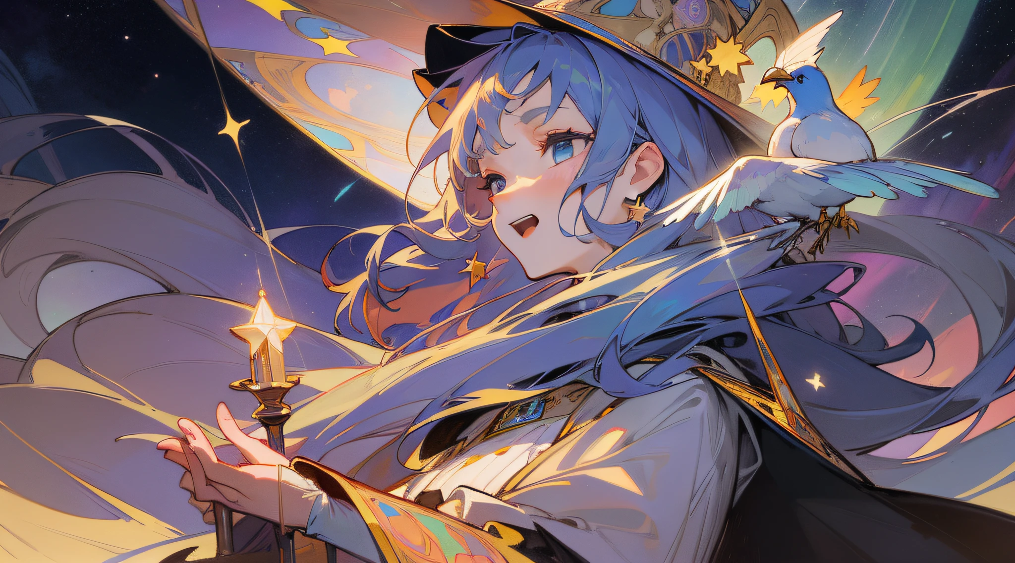 ((Masterpiece: 1.2, Best Quality)), 1girl, Solo, (Witch Hat), Blonde, Long Hair, Dress, Aurora, Night, Stars (Sky), Gloves, Sky, White Dress, Night Sky, Open Mouth, Starry Sky, Blue Eyes, Ribbon, Very Long Hair, Red Dress, Smile, Hair Ribbon, Cloak, Blue Hair, (Bird), Magic, Casting Spells, Dark Clouds, Night, (Impressionism: 1.4), (Tarot: 1.3) , Alphonse Mucha,