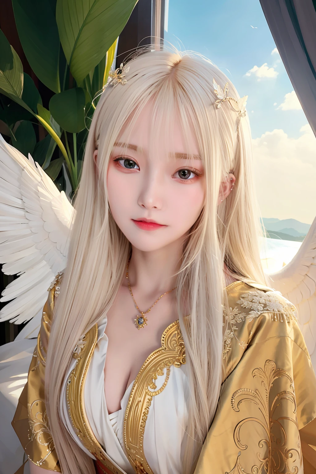 Masterpiece, Best quality, Ultra-detailed, illustration, Close-up, straight on, Face focus, 1girll, White hair, Golden eyes, Long hair, Halo, Angel wings, Serene expression, view the viewer