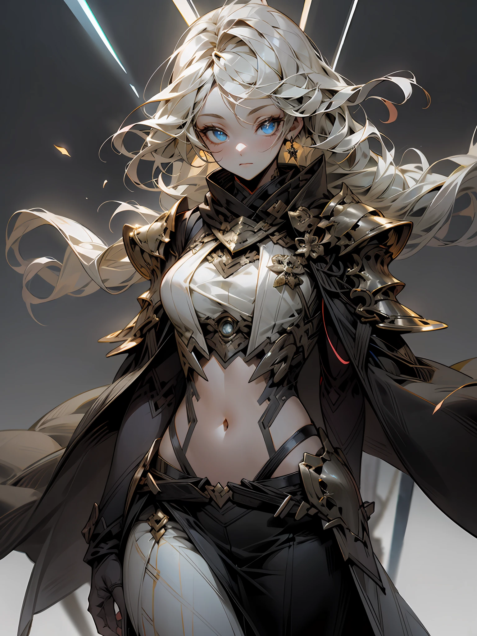 1girll, Gray sand desert, Sunset, Large breasts, Solo, Black Knight Armor, Lightning aura, Black sword, Long hair, Wavy hair, Floating hair, navel, Blue eyes, Focus, jewelry, view the viewer, Earrings, Blonde hair, standing, Light of light and shadow, Battle effect background, Warrior Gilm, intricate outfits, Hair ornaments, Sparkling eyes, Energy particles, Fighting stance, Thunder, ((Thunder Sword)), Glowing eyes, Body ignition,