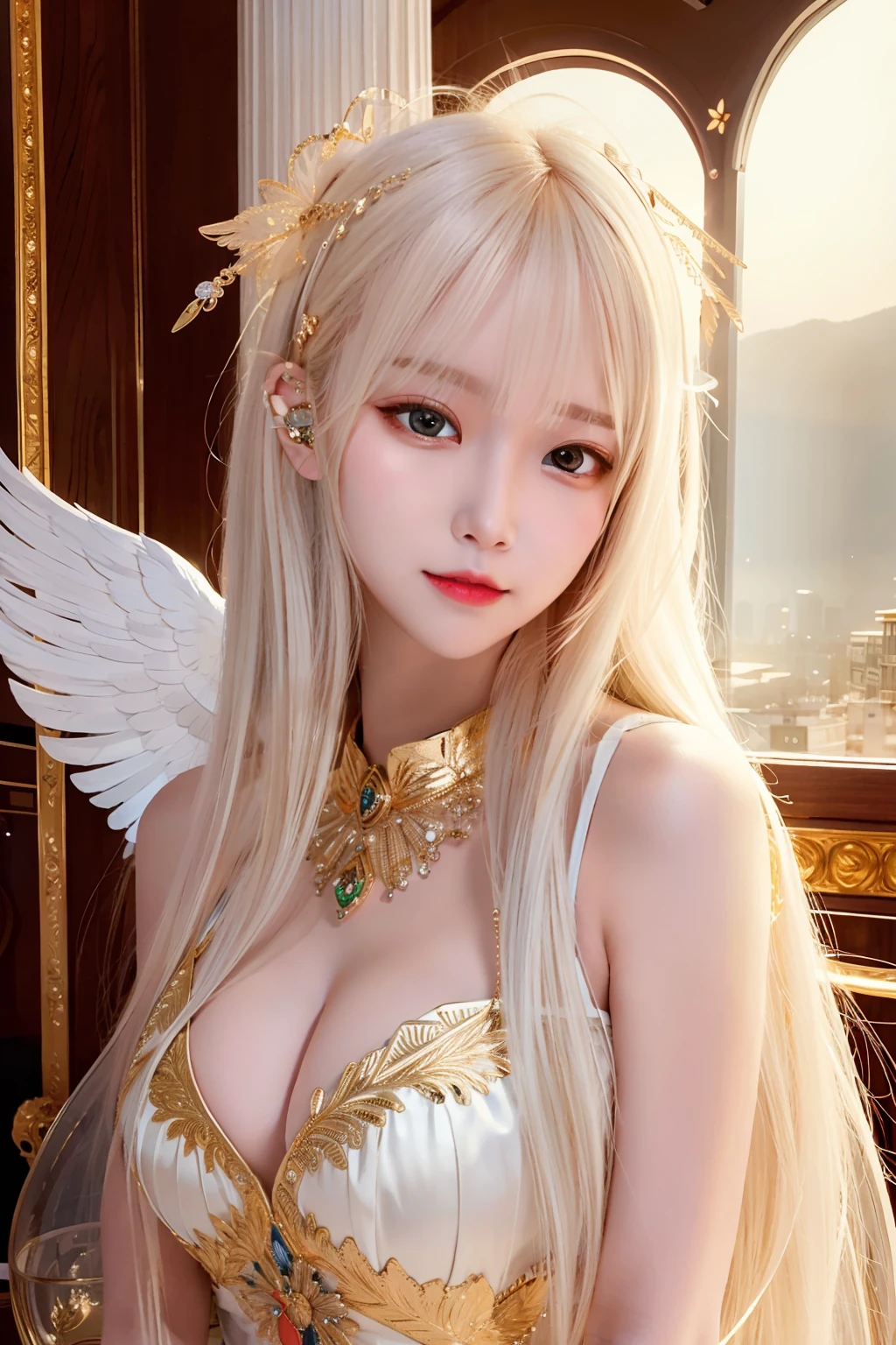 Masterpiece, Best quality, Ultra-detailed, illustration, Close-up, straight on, Face focus, 1girll, White hair, Golden eyes, Long hair, Halo, Angel wings, Serene expression, view the viewer