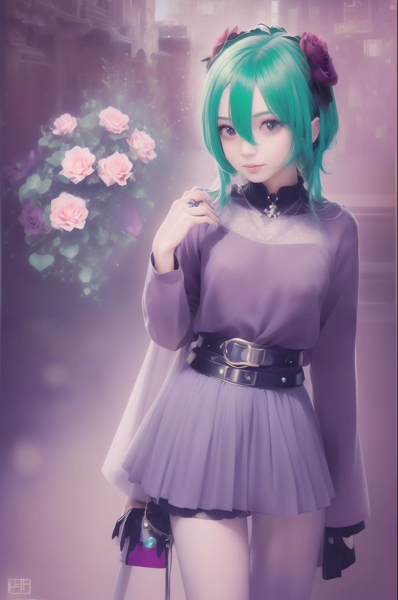 Photographic poster of beautiful women, Sony α7, 35mm Lens, f1.8、((Konmutsuki_gacha_series1, punk_rosette))), cute girl, aqua color flowers, (full body), elegant flowers background, realistic photo, beautiful woman, Beautiful girl, beautiful background, charming girls, realistic 3d style, photo realistic render