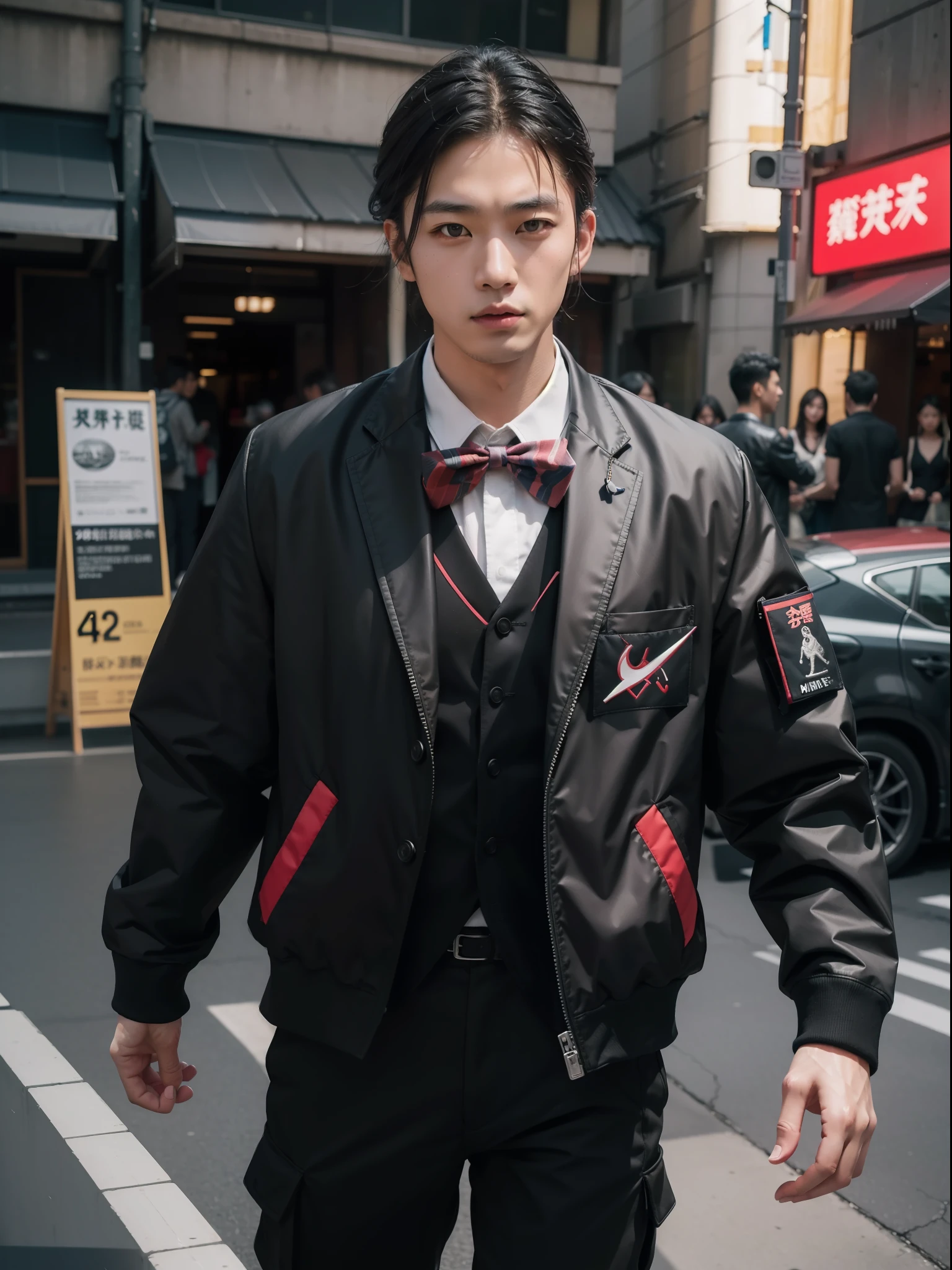 close-up RAW photo , hyperdetailed , extremely detailed , intricate , portrait of a Japanese man , wearing a jacket , wearing bowtie , wearing militari cargo pants , wearing Nike Air Jordans , detailed textures, sharp focus, ultra-high pixel detail, intricate, realistic, movie scene, cinematic, high-quality, full colors, incredibly detailed, 4k, 8k, 16k, hyper-realistic, RAW photo, masterpiece, ultra-detailed, professionally color graded, professional photography