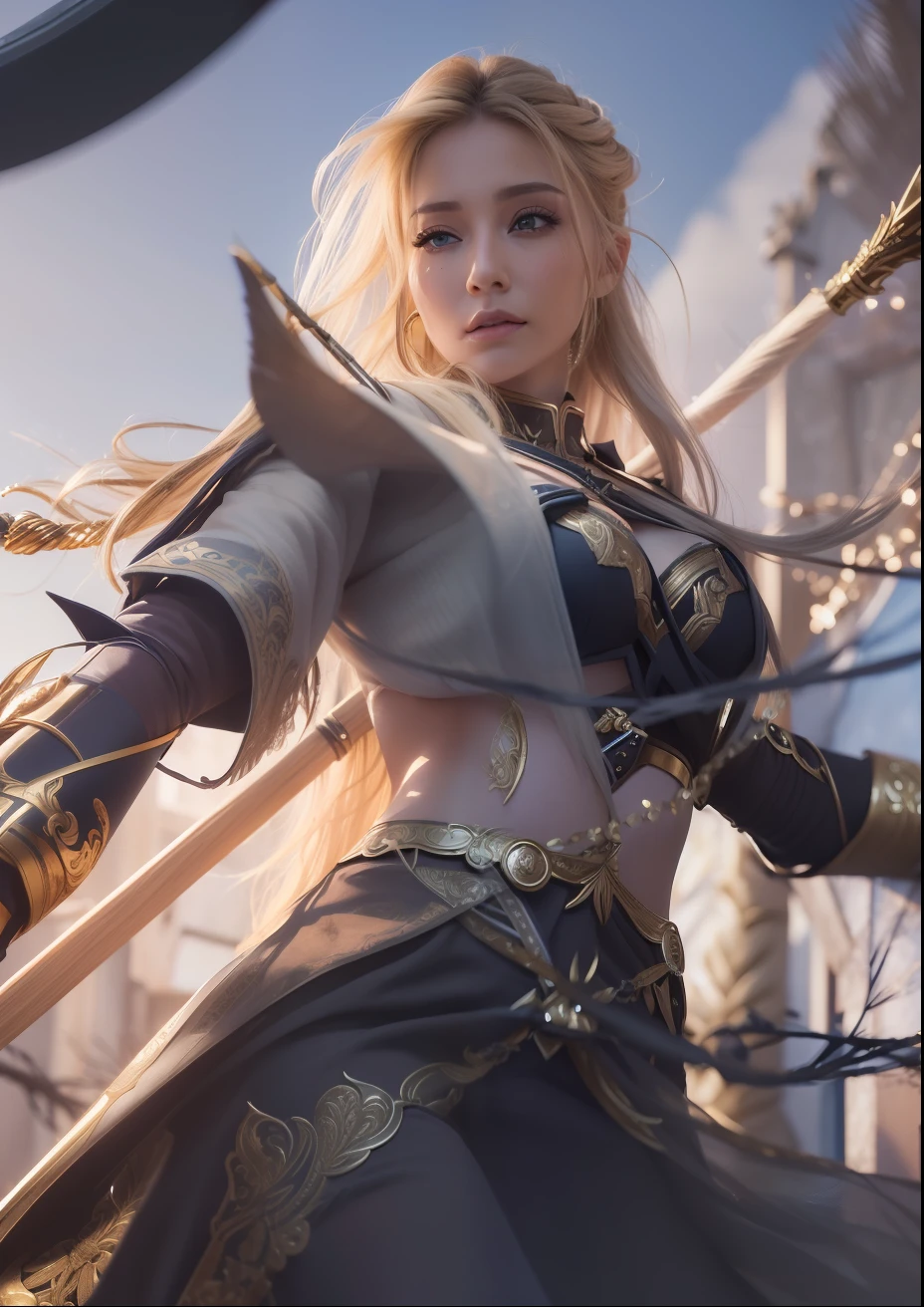 ((Best Quality, 4K, Masterpiece: 1.3)), (Detailed: 1.4), Reality, close up of a woman with blonde hair and a spear, spear behind the body, ashe, astri lohne, portrait knights of zodiac girl, celestial woman, with White uniform, Big Breast, Huge Breast, Nice Thigh, 4K, HD, Ultra Realistic, extremely detailed, perfecteyes, beauty eyes, perfect eyes