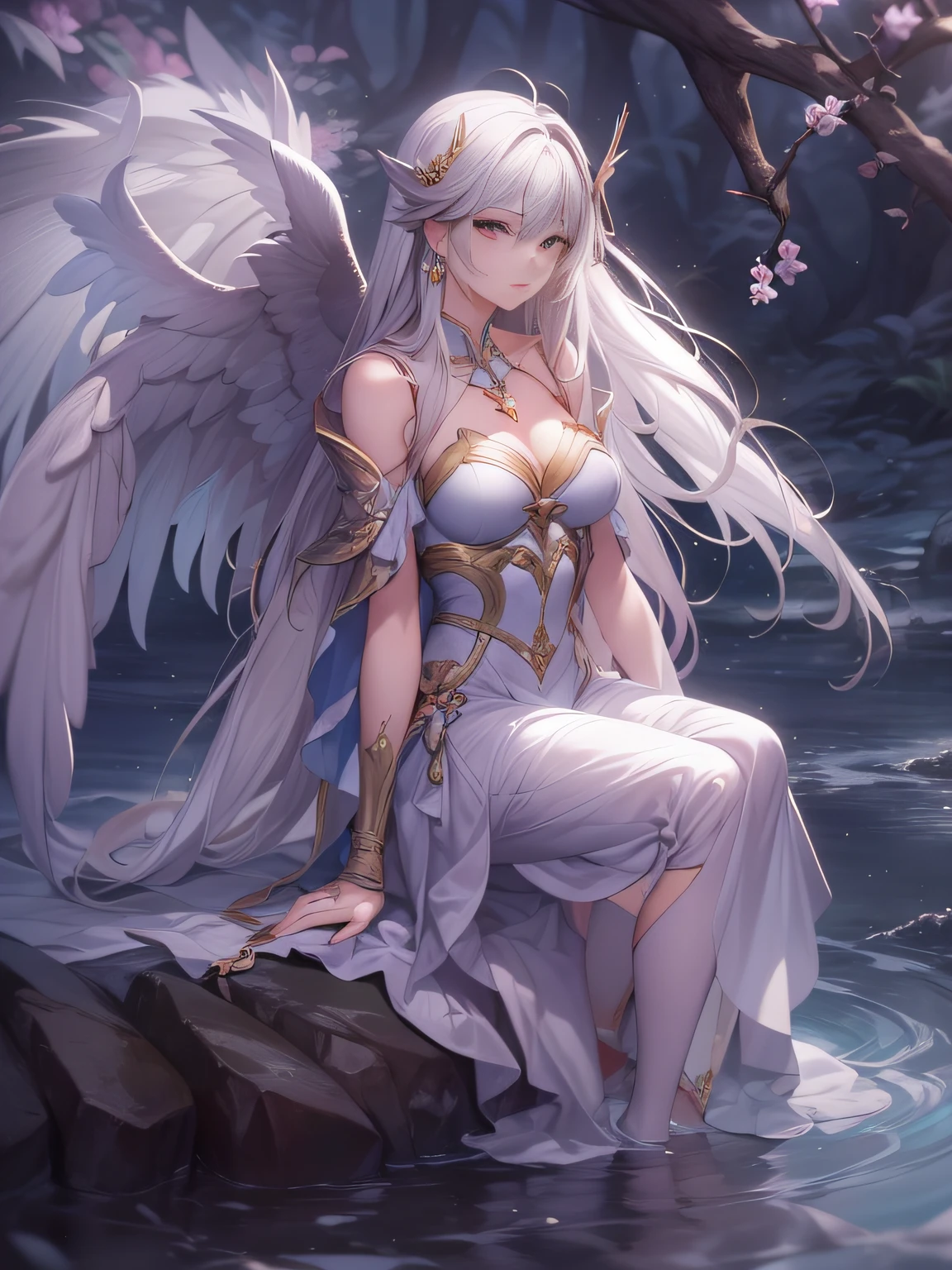 there is a woman with wings sitting on a rock in the water, angel knight girl, Angel Knight Gothic Girl, full - body majestic angel, of beautiful angel, Angel Girl, 2. 5 d cgi anime fantasy artwork, Super Wide Angel, a beautiful female angel, by Yang J, anime fantasy artwork, digital fantasy art ), anime fantasy illustration,extremely detailed eye and face、beatiful detailed eyes