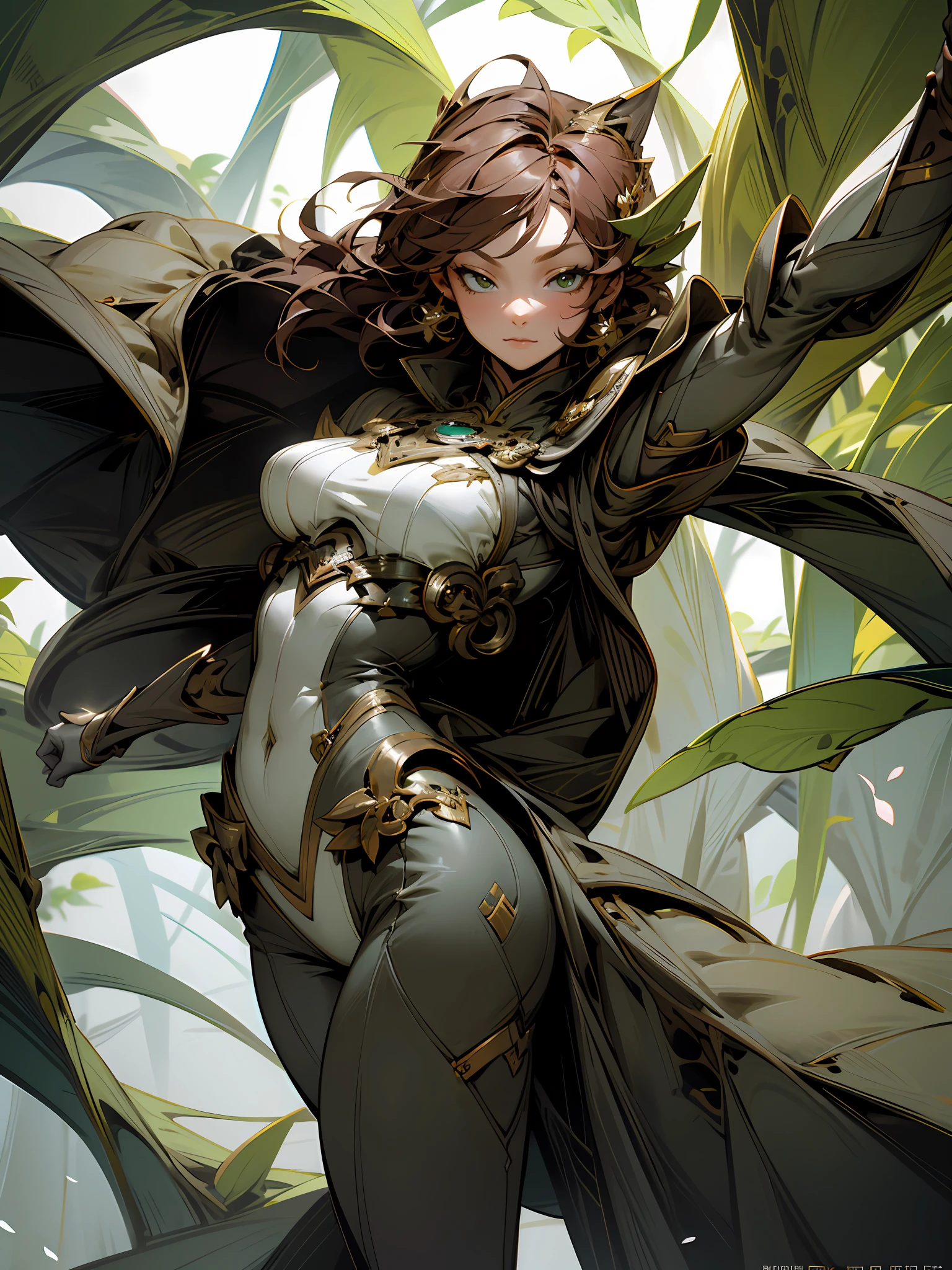 Alisa's costume reflects her ability to manipulate the earth, Green and brown tones,Natural and earthy design. The garment is made of flexible and durable materials,Imitates the appearance of vines and roots intertwined. Her whole body is covered with a leaf-like texture, Her sleeves were already extended, Leaf-shaped cuffs. stylised "Big breasts and big breasts" The badge rests on her chest, Symbolizes her name. She wears sturdy boots,Rough texture, Further connect her to Earth.