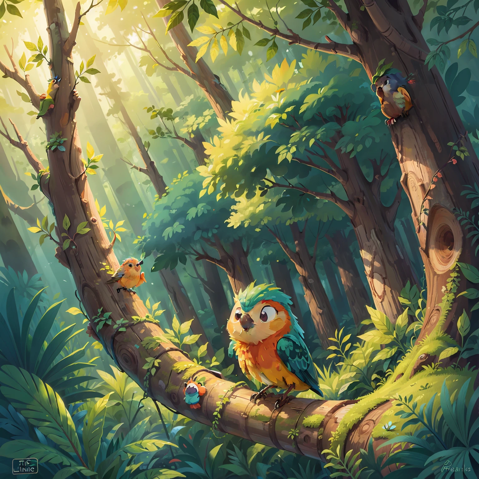 the woods, Patterns in the style of Eric Carle, vivid hues, lush vegetation, bathed in warm sunlight, Little bird perching on a tree
