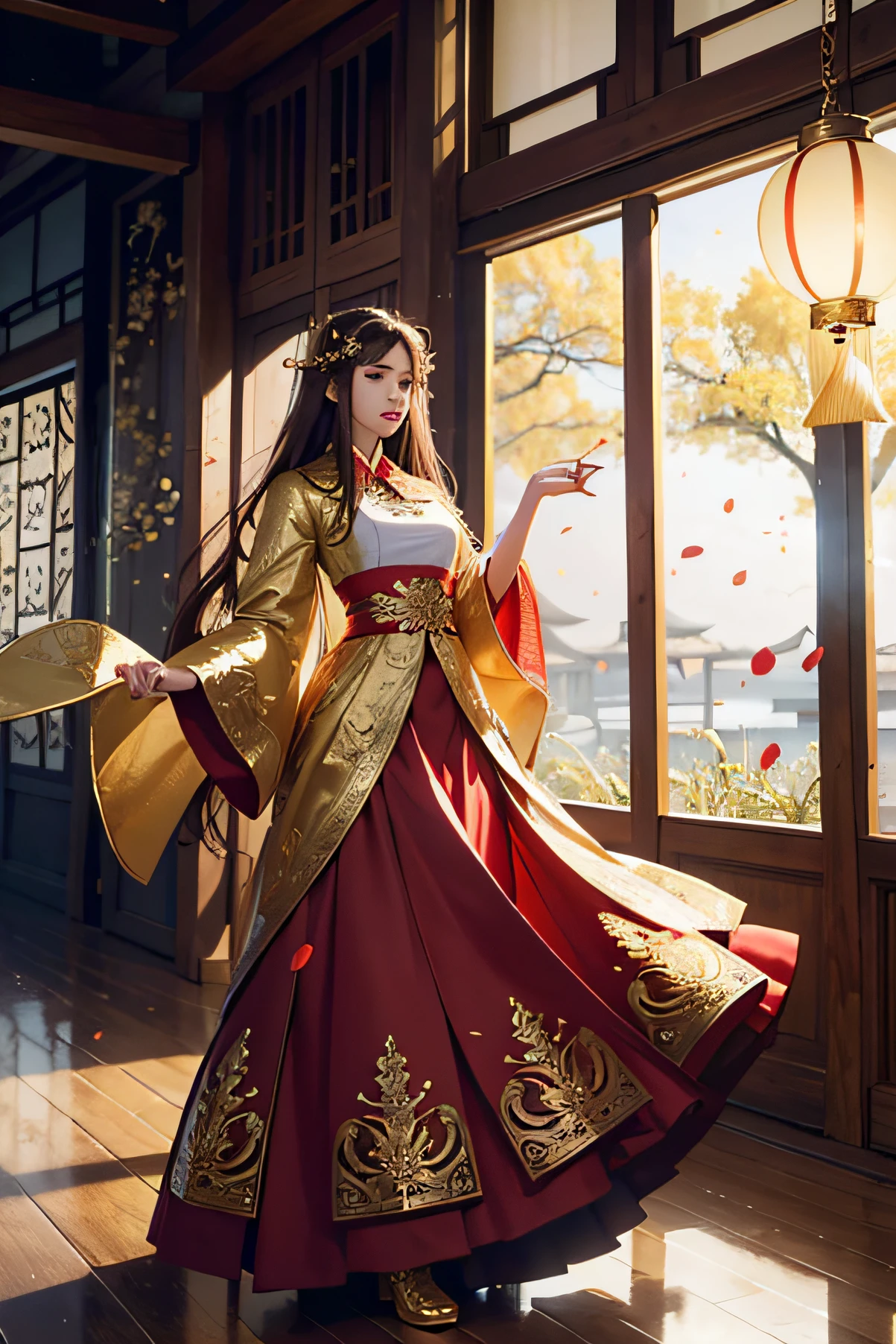 best quality, masterpiece, highres, (exquisite body:1.5),gorgeous face,(milky skin:1.3),intricate details,high resolution,wallpaper,
1girl, solo, dress, hair ornament, (((gold and red dress))), flowers, long hair, brown hair, closed mouth, jewelry, long sleeves, hand up, wide sleeves, big eyes,floating hair, chinese clothes, hanfu, embroidery, long skirt, natural pose, falling petals, indoor,fanning, lantern,
16K,HDR,highres,depth field,(film grain:1.1),boken,golden hour,(lens flare),vignette,rainbowing,(color grading:1.5)