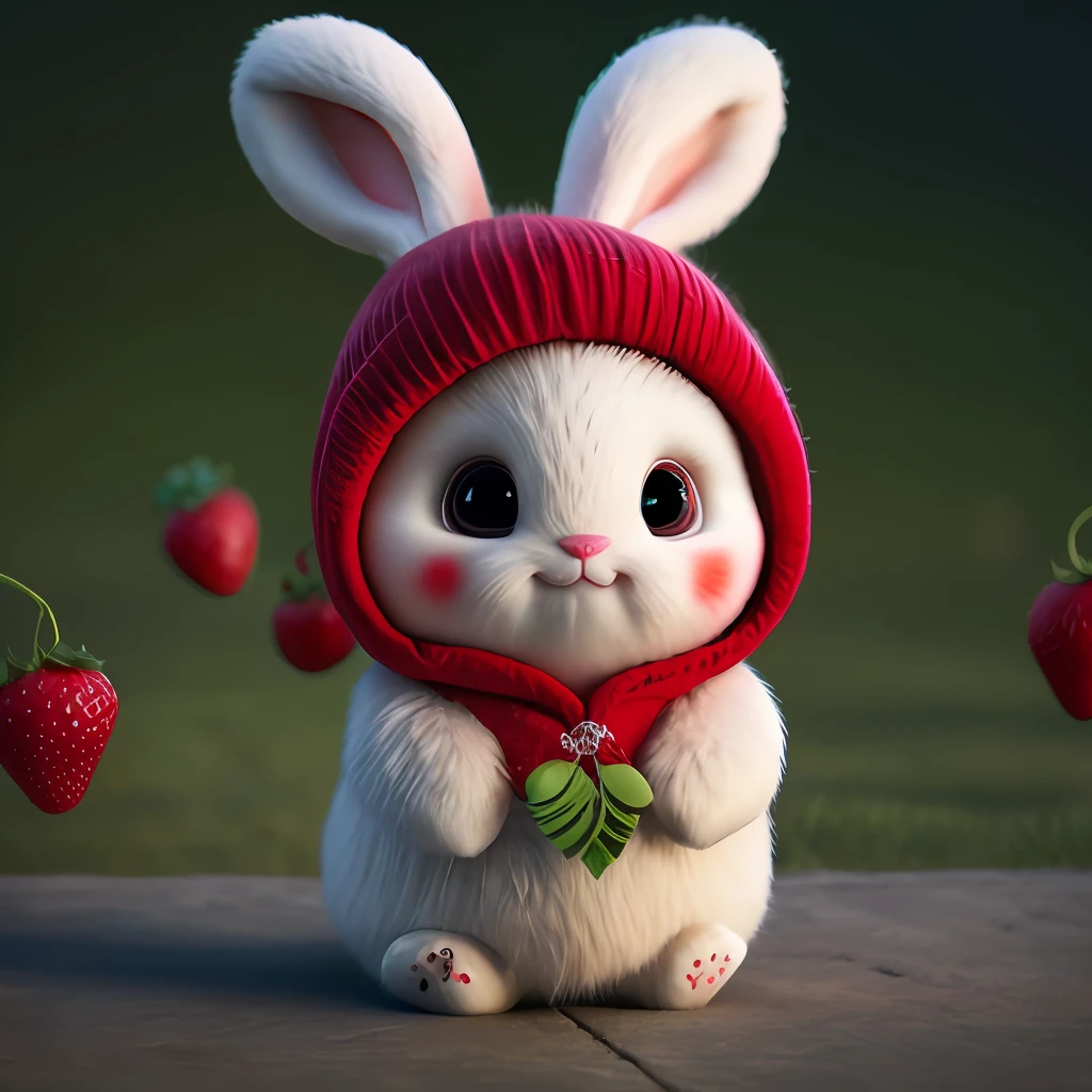 : 3. bunny, realistic, furry animal, apple, black eye, blush, cherry, food, fruit, full body, hat, non-human, strawberry, tomato, watermelon