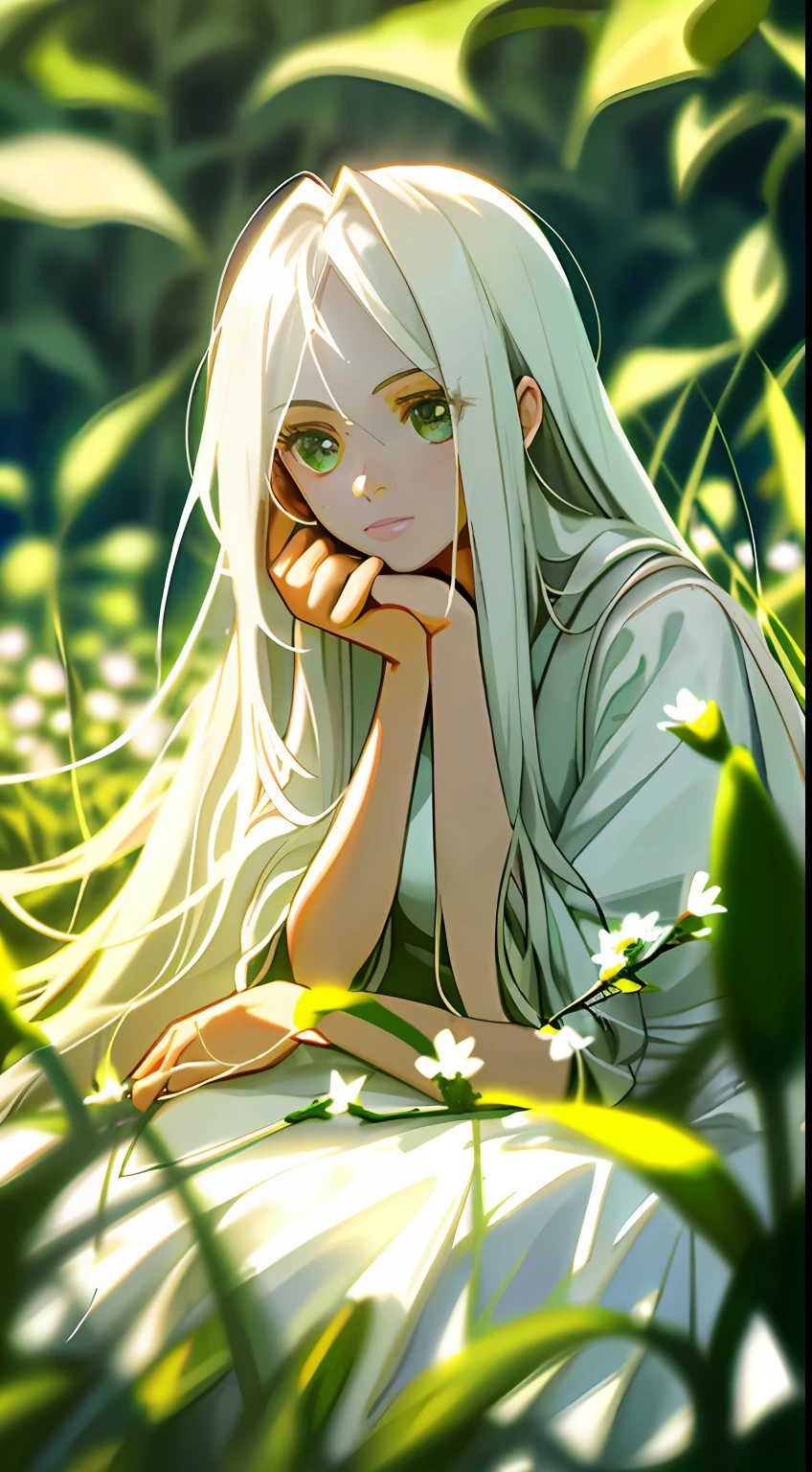 (masterpiece, best quality),1girl with long white hair sitting in a field of green plants and flowers, her hand under her chin, warm lighting, white dress, blurry foreground