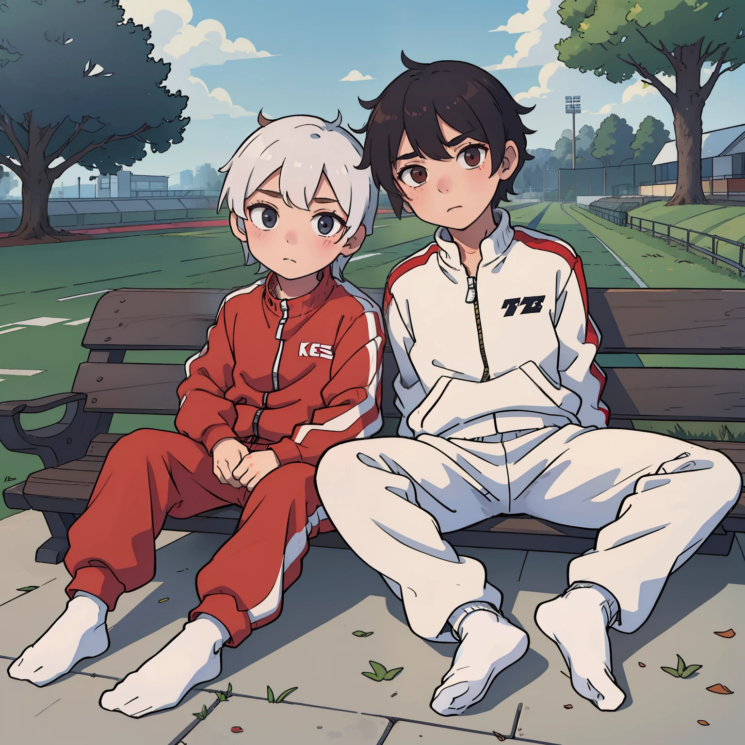 Shota， White  socks， sat on the ground， 2guys，track suit（rot， blanche）， tmasterpiece， k hd， without wearing shoes