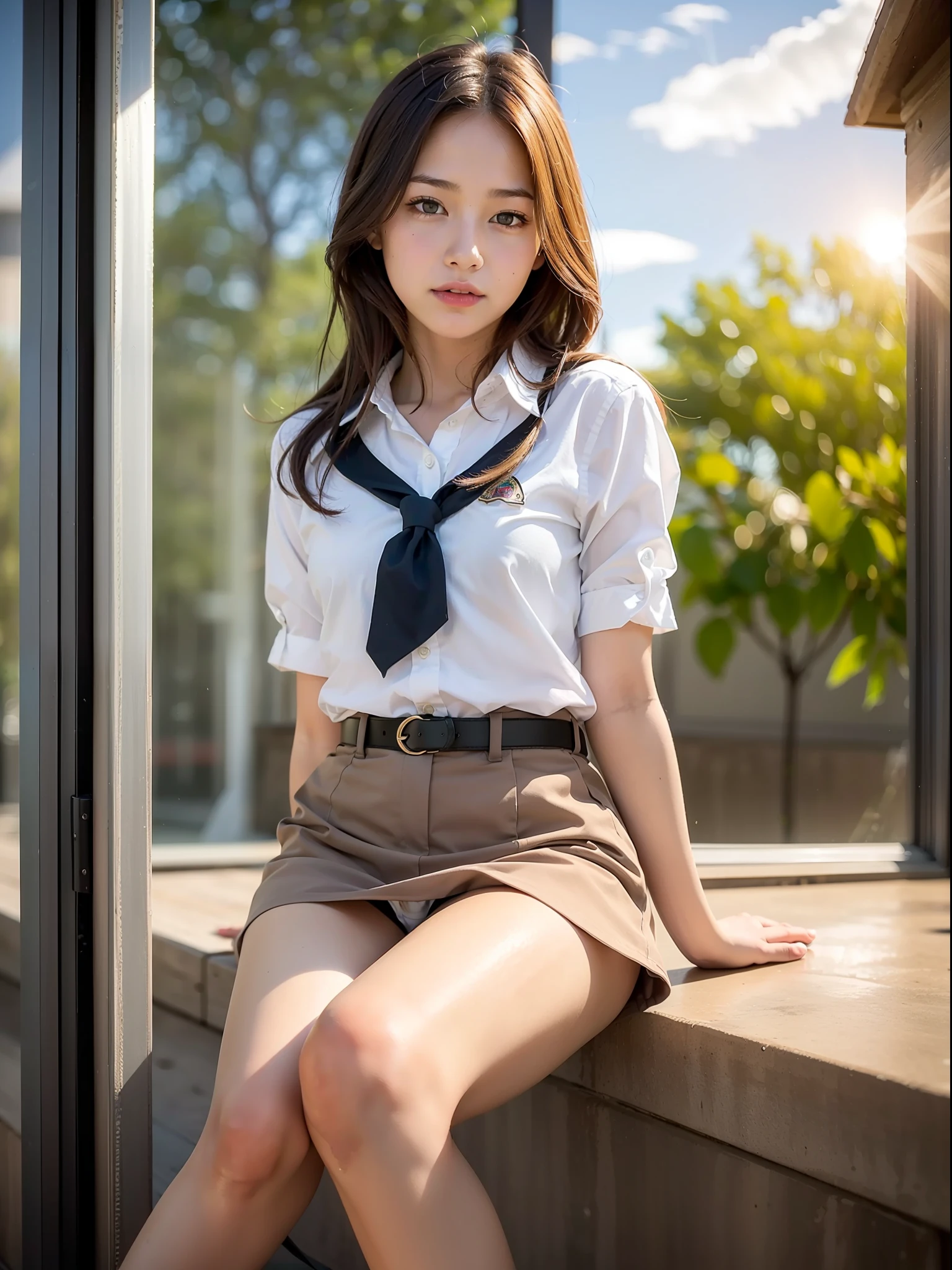 ((top quality, 8k, masterpiece: 1.3, raw photo)), Sharp Focus: 1.2, (1 aespa girl :1.2), (SOLO), (Realistic, Photorealistic: 1.37), (face focus: 1.1), cute face, ultra detailed face, small breasts, flat chest, brunette short messy hair, kindness, (sitting, cowboy shot, school uniform, thighs:1.2), school, sunlight, movie lighting