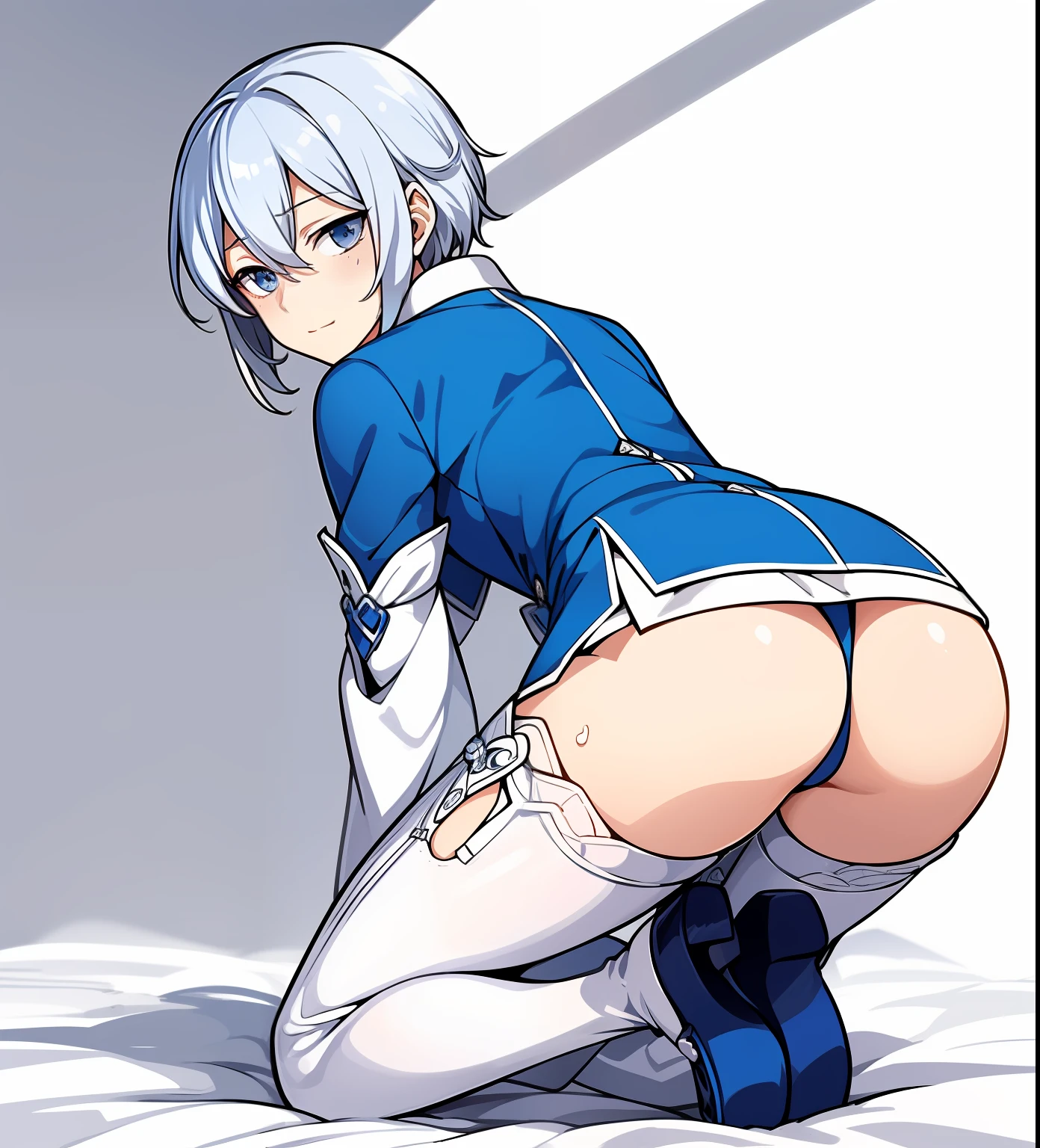 (((ass focus,lying,squatting,,blue shorts,from behind,)))((production art,Best Quality, masutepiece,Solo,1girl,)) Woman, ((blush,Smile,splash water,Wet,Sweat,Water, White and navy micro dress,))Dynamic Angle,Looking at Viewer,white short hair, long side bang,Empty eyes,Dark blue eyes,echo(pandora hearts),