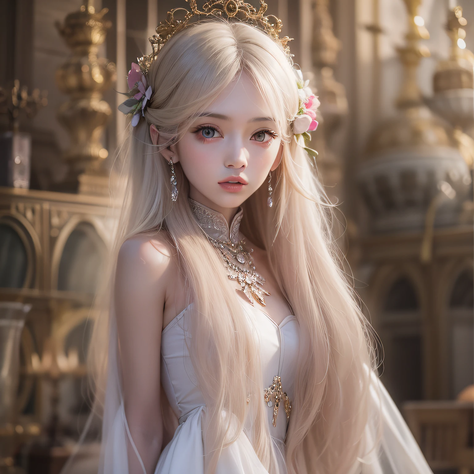 tmasterpiece,best qualtiy,中景 the scene is,Front view,A beautiful little sister,long whitr hair,hair straight,eyes with brightness,long eyelasher,Fair texture and smooth skin,Dressed in a gorgeous gown with heavy industry gemstones,background castle,high light,Real Photographics,depth of fields,Ray traching,detail render,