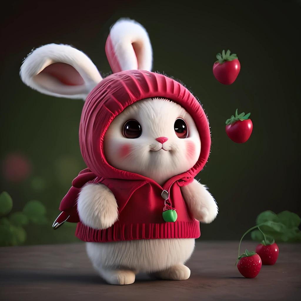 : 3. bunny, realistic, furry animal, apple, black eye, blush, cherry, food, fruit, full body, hat, non-human, strawberry, tomato, watermelon