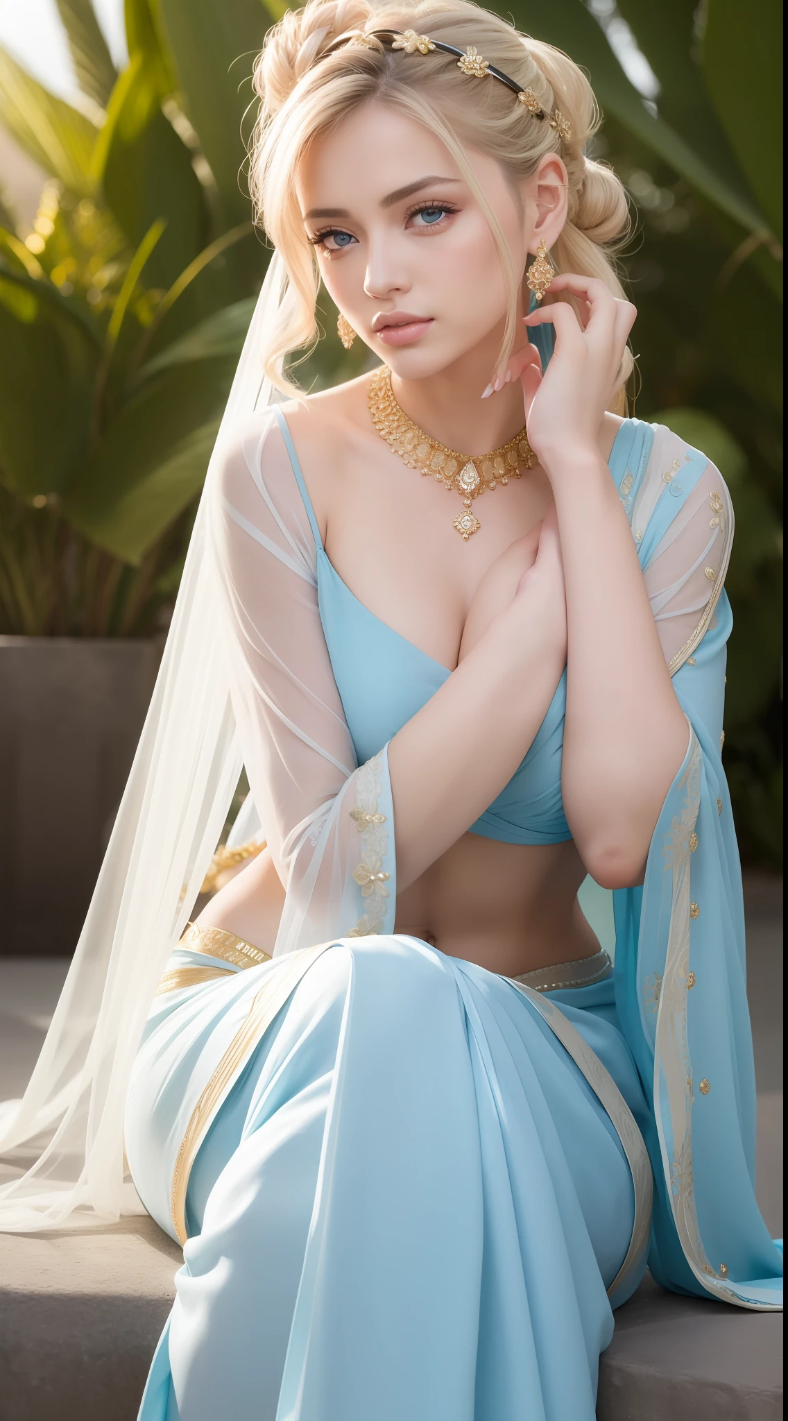wear Saree criss cross sitting, a bindi on the center of the forehead, gorgeous royal temple, jewelry, gem, necklace, gold bracelet, anklets, thick lips, hands on lips, skindentation, parted lips, (detailed eyes), (seductive pose), ulzzang-6500-v1.1, thick eyelashes, long eyelashes, light blonde hair, Ponytail, blue eye, HDR, shallow depth of field, broad light, backlighting, bloom, light sparkles, chromatic aberration, sharp focus, Nikon Z 85mm unparalleled masterpiece, ultra-realistic 8k photos, best quality masterpiece, best quality, (photorealistic:1.2), (realistic:1.5), (hyperrealistic:1.2),(photorealistic face:1.2), 1440 x 3000 px