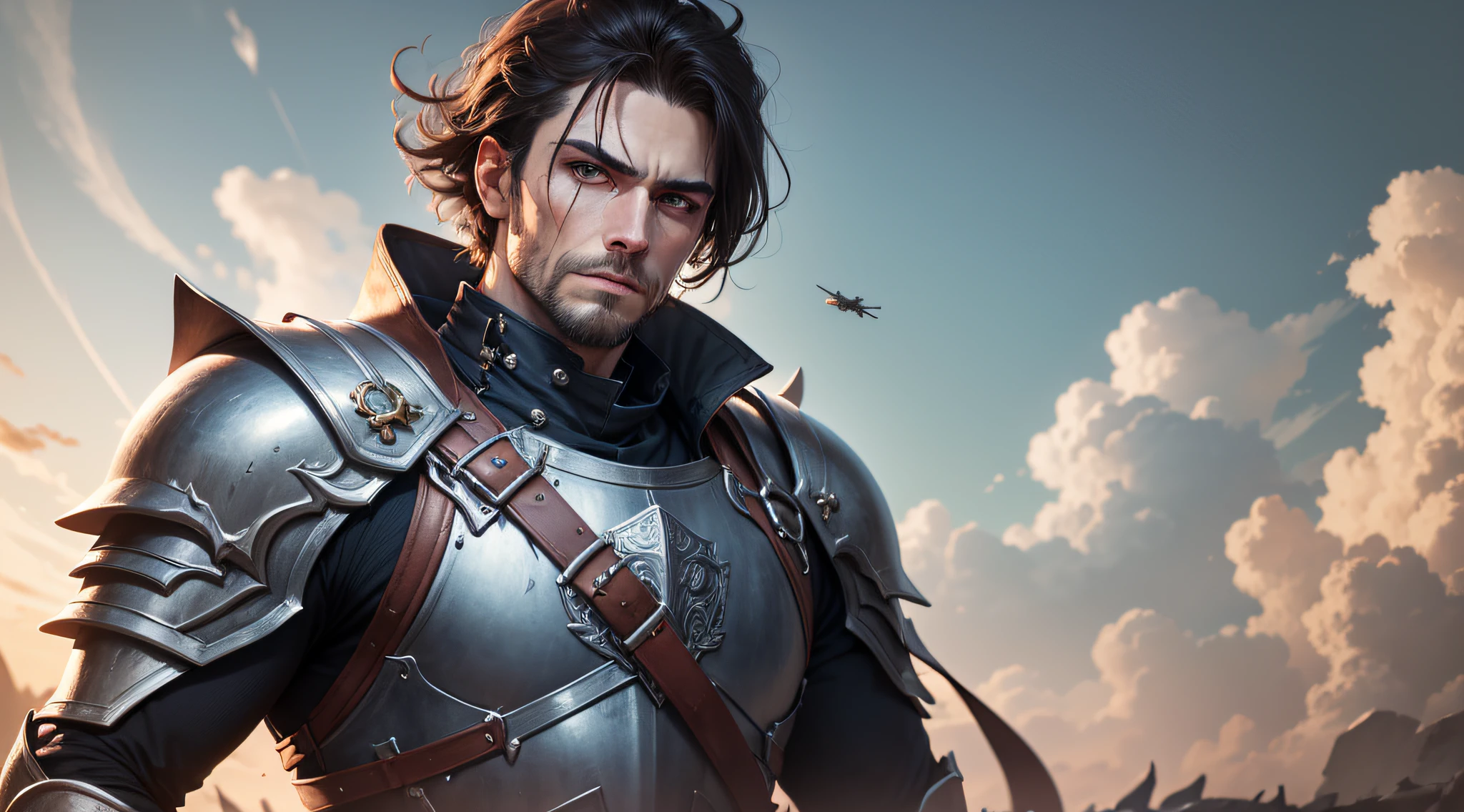 (absurdres, highres, ultra detailed), 1 male, mature, aged up, handsome, tall muscular guy, broad shoulders, very short hair, undercut, grey-blue eyes, finely detailed eyes and detailed face, extremely detailed CG unity 8k wallpaper, intricate details, portrait, looking down, solo, upper body, detailed background, (dark fantasy theme:1.1), angelic face, bloodthirsty expression, crusader, hovering in air, sunshine, floating scraps, fighting stance, color leather armor, divine blessing, bright realistic lighting, heavenly landscape, peaceful atmosphere, crown, coat of arms, tabard, hair blowing in wind,, cowboy shot