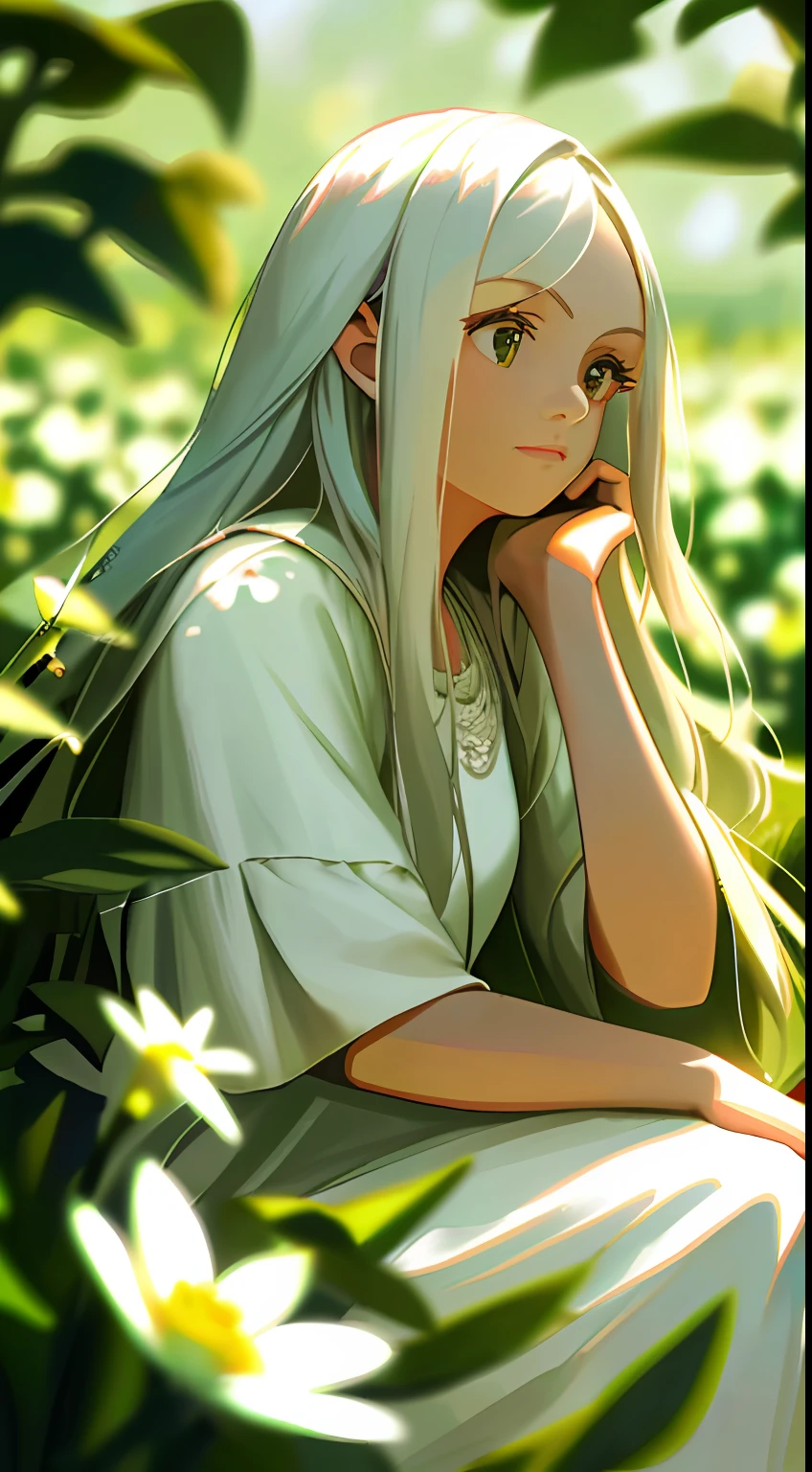 (masterpiece, best quality),1girl with long white hair sitting in a field of green plants and flowers, her hand under her chin, warm lighting, white dress, blurry foreground