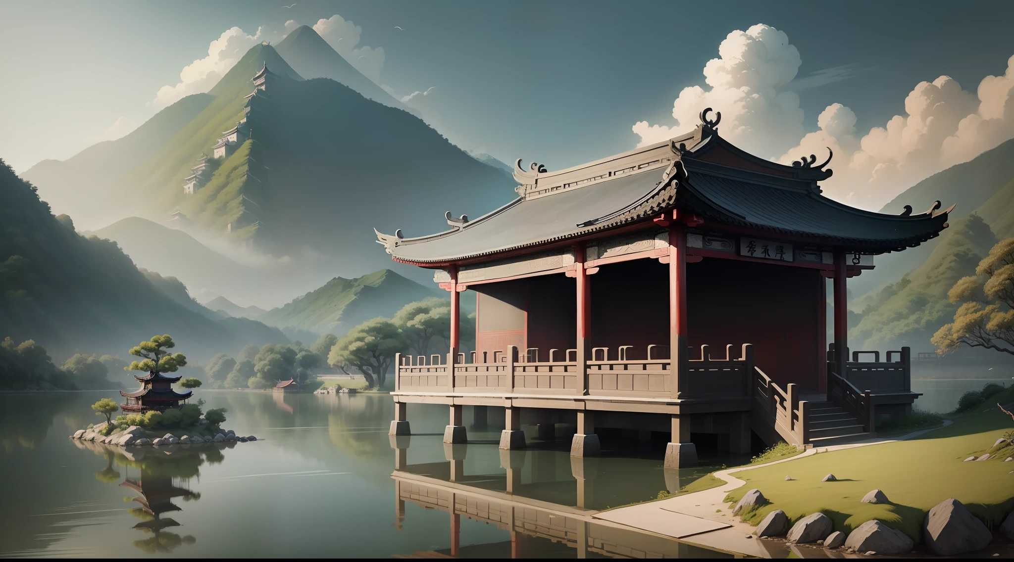 Ancient Chinese traditional ink painting style, Qiantang, Hangzhou, West lake, Stone bridge, Pavilion, Willow shade, lake water, Far Mountain, White clouds, ultra-wide-angle,Ray tracing, Great masterpiece, High quality ancient Chinese style, Beautiful scenery, Beautiful picture,Tradition Chinese Ink Painting style,