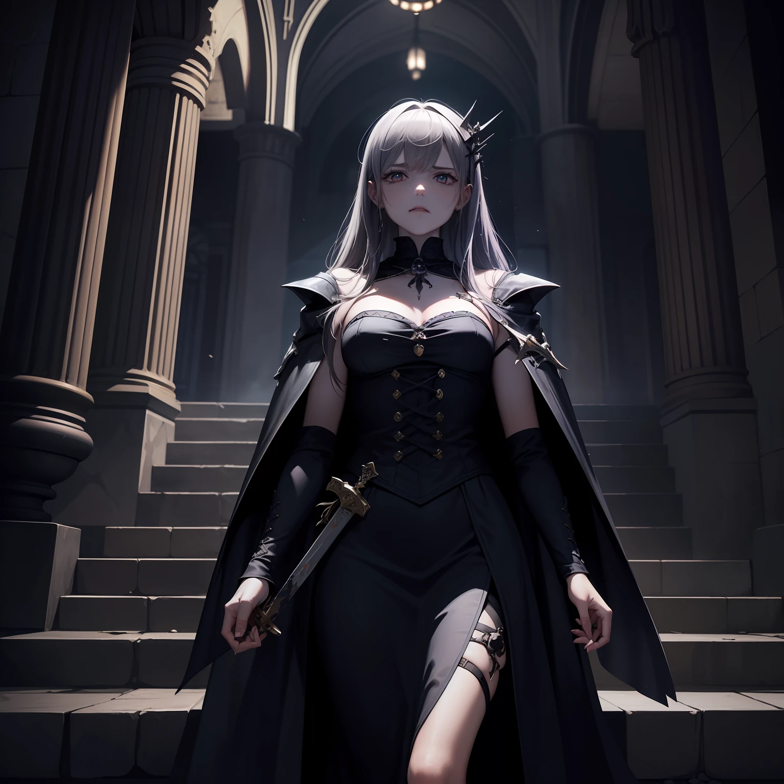 （（tmasterpiece）A high resolution），Empty Skull Throne，stairways，borgar，medieval times，darkly，Gothic。The girl flicked the blood-dripping sword in her hand，It was his father's sword，Now he has the enemy in his hands，But no one in the family could hug her。