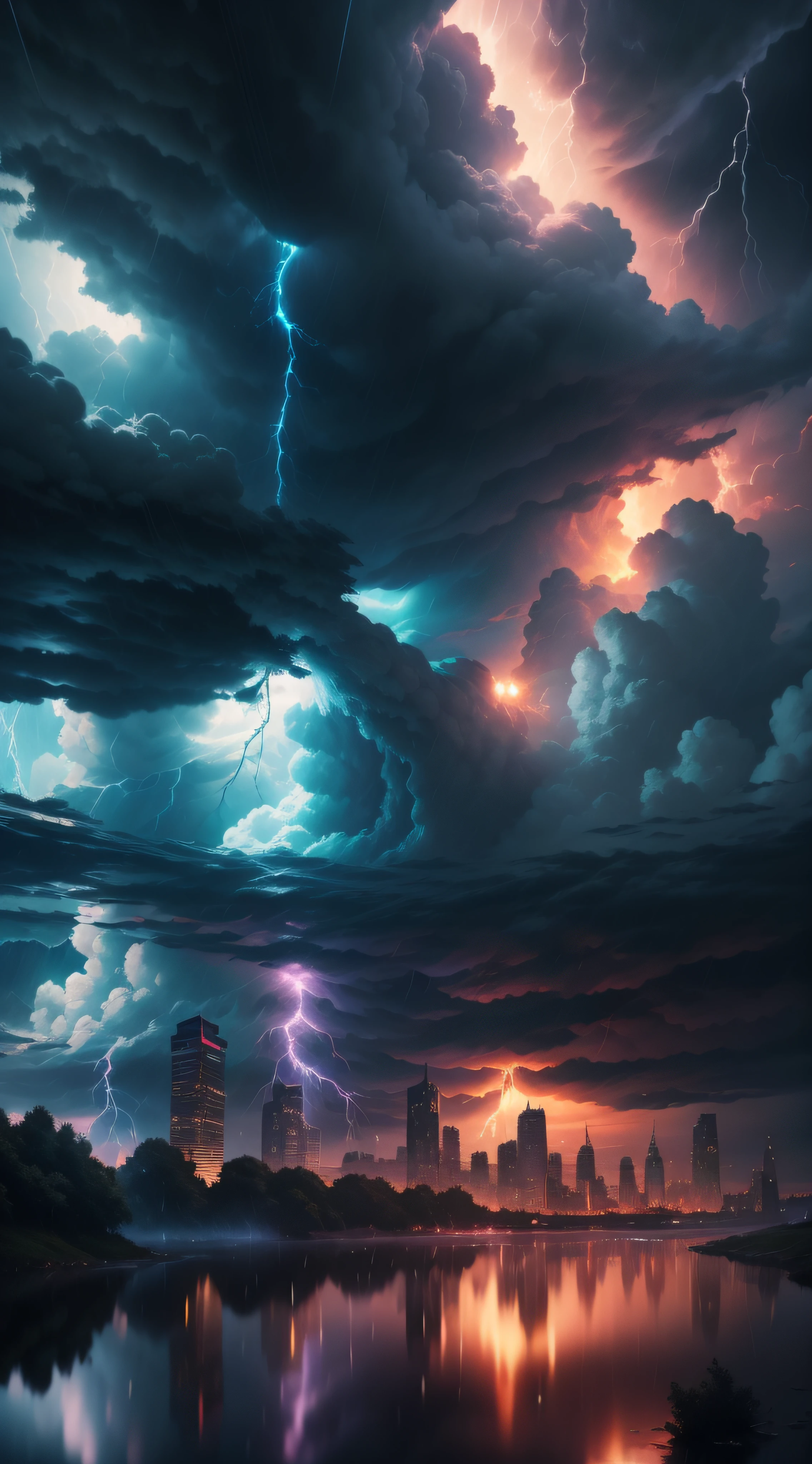 the wallpaper，（The firmament changes），（The storm is raging），The sky above the bustling city，the setting sun， The sun is exposed behind clouds，(((Clouds， More cloud：1.3)))，tmasterpiece， cinematic ligh， softlighting， depth of fields， Ray traching， reflection in water， hentail realism， ultra - detailed，8K,Super resolution,(((Strong storms)))