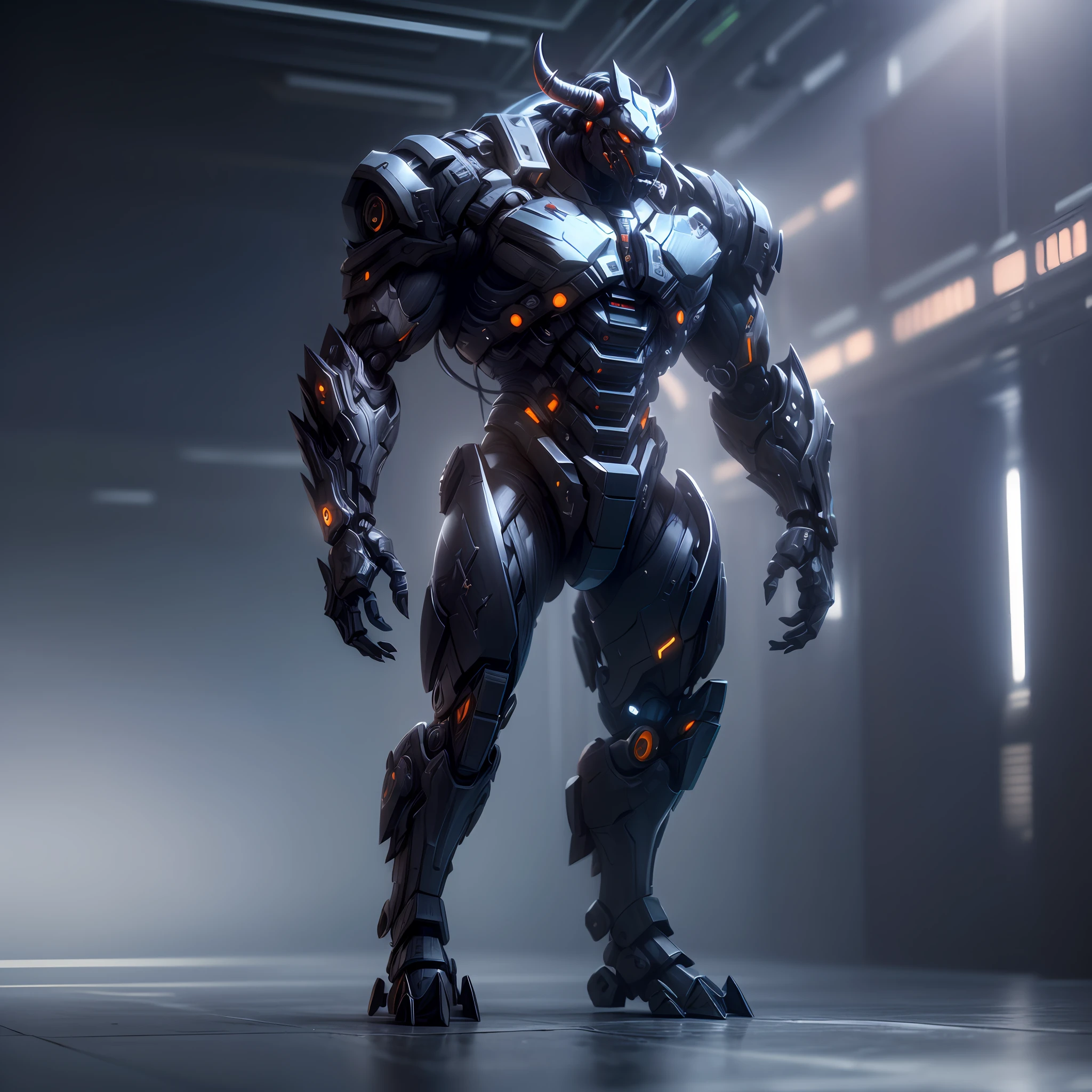 (anthropomorphism:1.5),(Full Body Shot), Cyberpunk, In the middle, 1 black bull mecha(Mechanical style black bull head,  muscular limbs, muscular body), Standing on two legs, nobody,  Dreamy Glow,clean,white background, ( Global illumination, raytracing, HDR, unreal render,reasonable design, masterpiece, best quality, UHD, Cinematic Lighting)