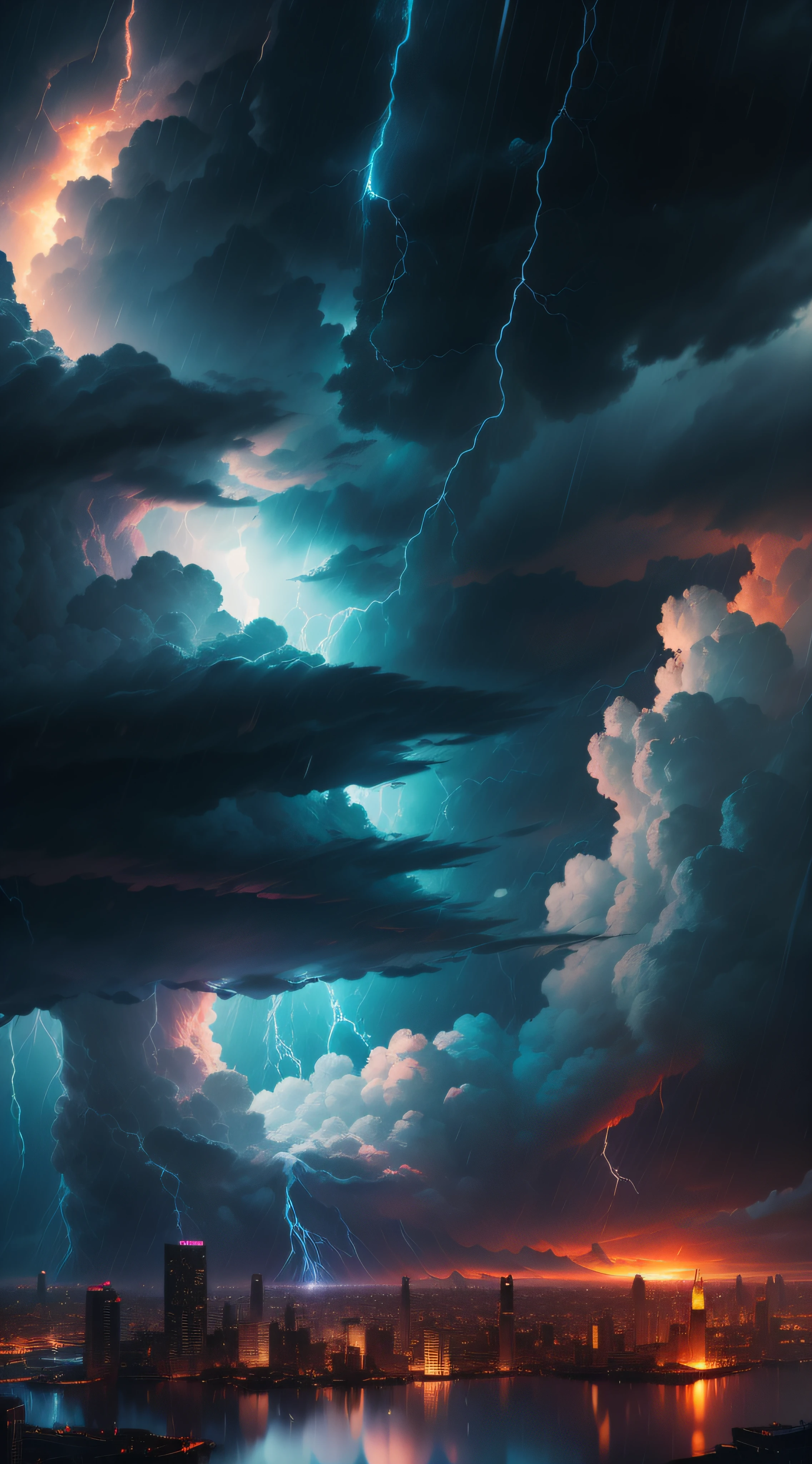 the wallpaper，（The firmament changes），（The storm is raging），The sky above the bustling city，the setting sun， The sun is exposed behind clouds，(((Clouds， More cloud：1.3)))，tmasterpiece， cinematic ligh， softlighting， depth of fields， Ray traching， reflection in water， hentail realism， ultra - detailed，8K,Super resolution,(((Strong storms)))