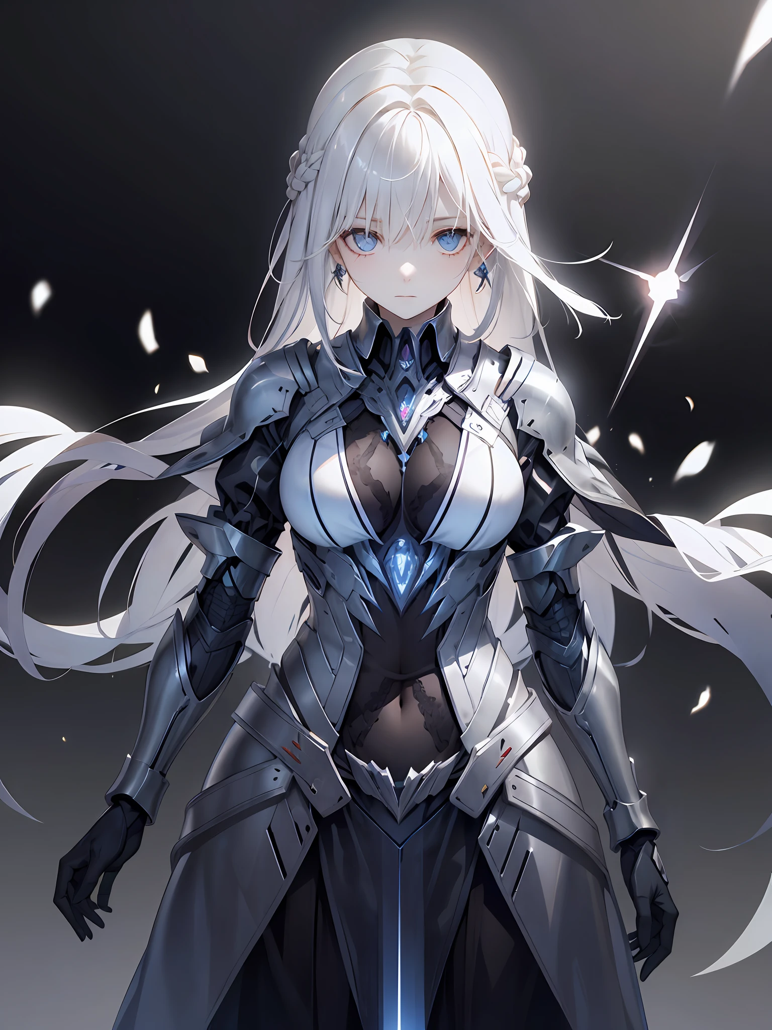 1girll, Gray sand desert, Sunset, Large breasts, Solo, Black Knight Armor, Lightning aura, Black sword, Long hair, Wavy hair, Floating hair, navel, Blue eyes, Focus, jewelry, view the viewer, Earrings, Blonde hair, standing, Light of light and shadow, Battle effect background, Warrior Gilm, intricate outfits, Hair ornaments, Sparkling eyes, Energy particles, Fighting stance, Thunder, ((Thunder Sword)), Glowing eyes, Body ignition,