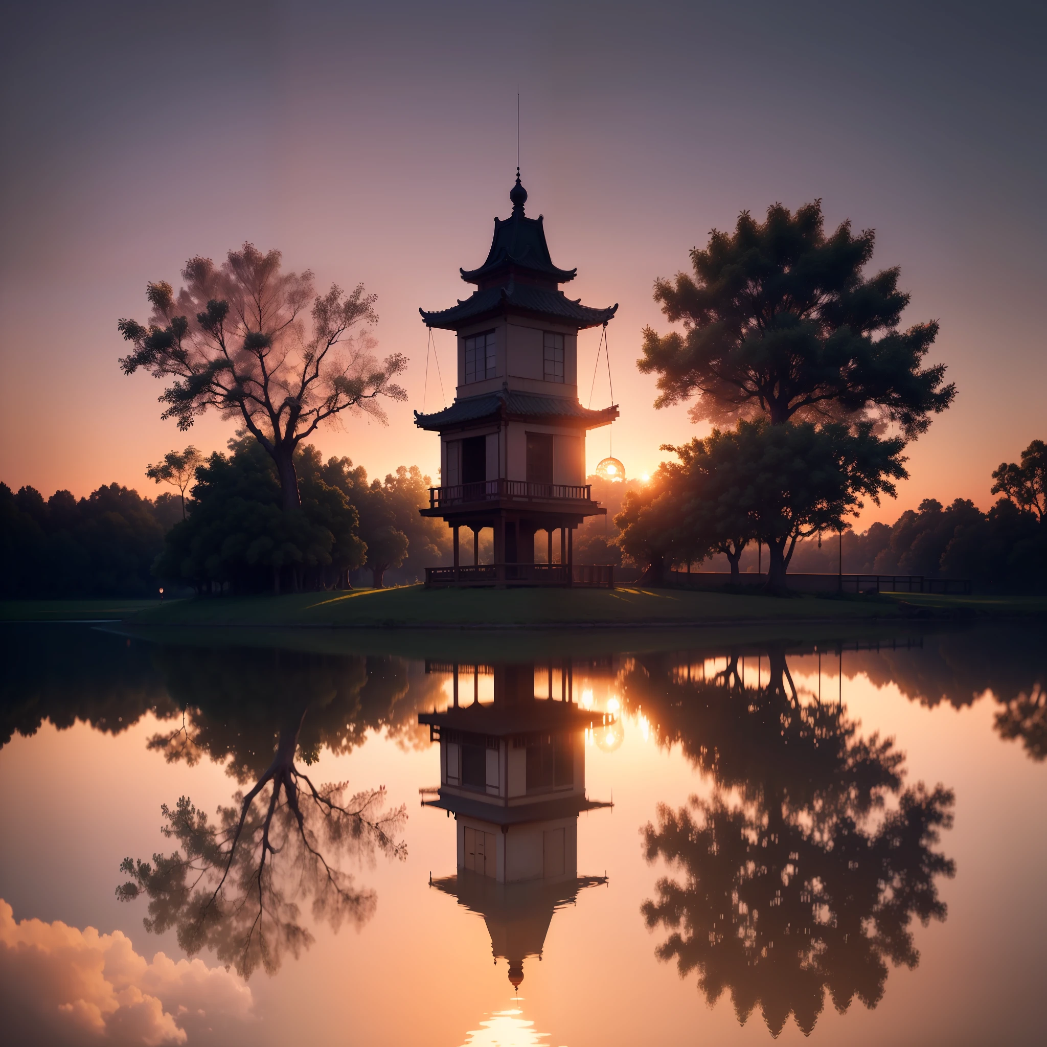 (Meticulous depiction,Realistic CG illustration,Ultra high quality 8K wallpaper,best qualtiy),(Delicate light and shadow,Fine details,Extremely Delicately Beautiful),levitating,Jiangnan talent beautiful image,Redcoat,Shadows,lake reflection,Weeping willow water,The swing swayed,A gentle breeze,with petals falling,Bridgeside town,The sunset is against the backdrop,Beautiful and aesthetic atmosphere