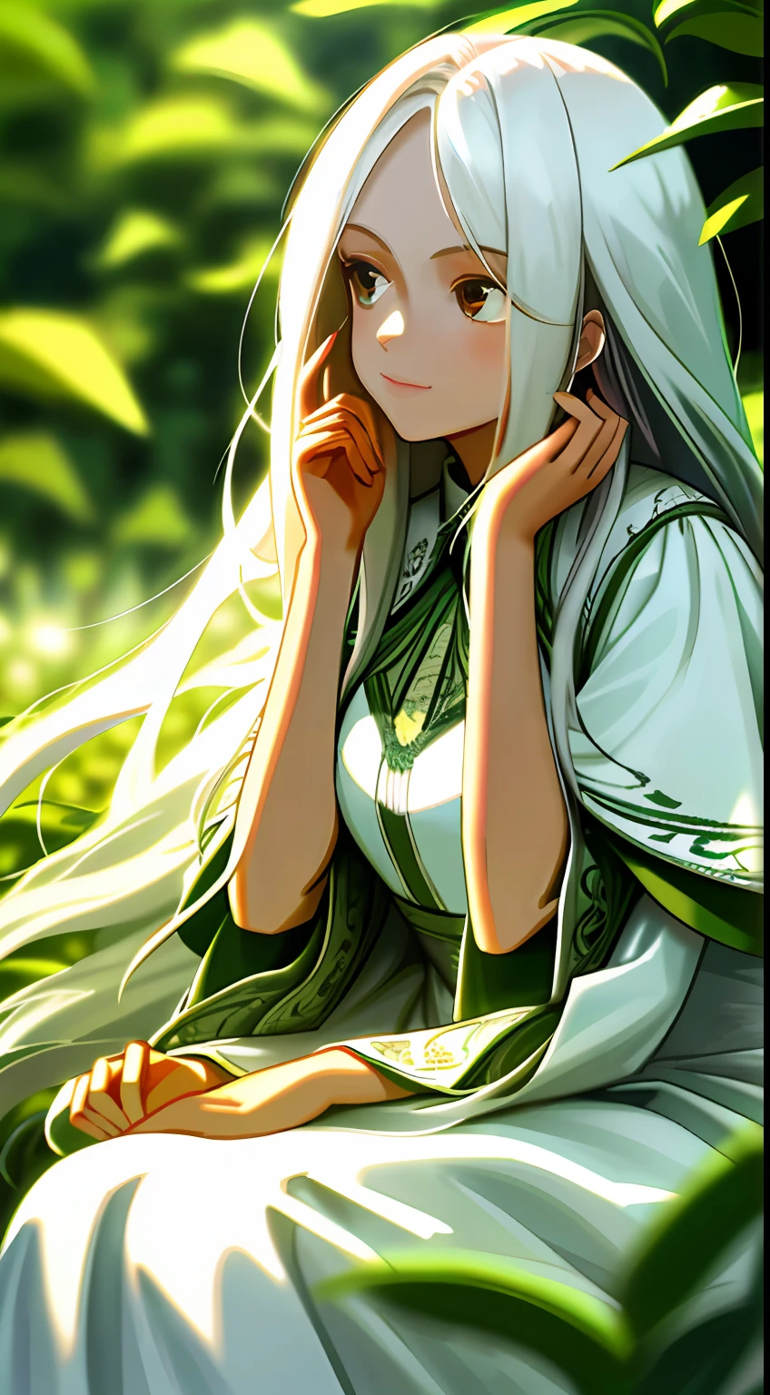 (masterpiece, best quality),1girl with long white hair sitting in a field of green plants and flowers, her hand under her chin, warm lighting, white dress, blurry foreground