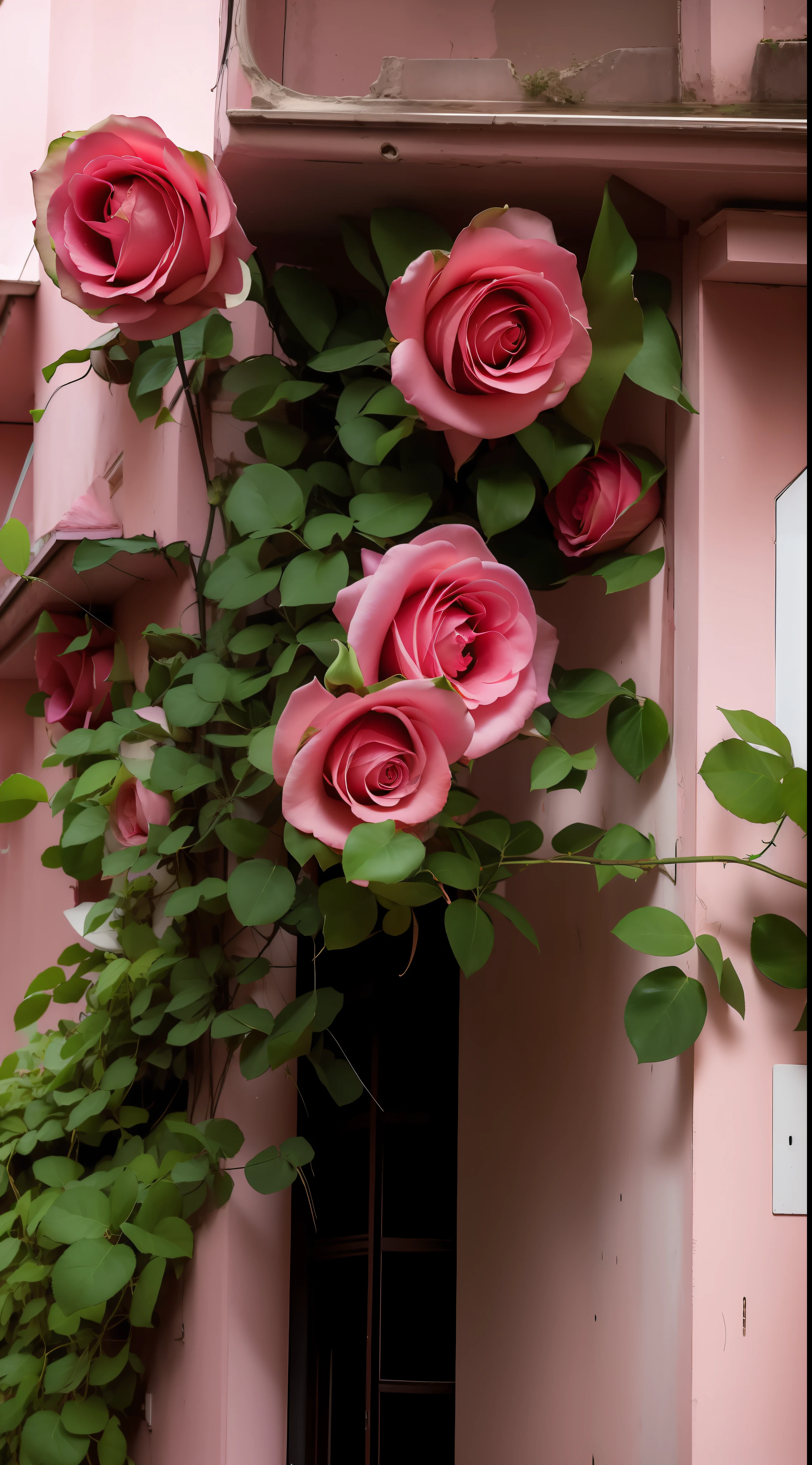 Pink roses grow on the sides of the building, beautiful aesthetic, rosses, nature and floral aesthetics, rosette, a few roses, beautiful flowers growing, roses in cinematic light, Beautiful and aesthetic, rose twining, decorative roses, Beautiful composition, Beautiful flowers, portal made of roses, pastel roses, flowers and vines, Blooming flowers