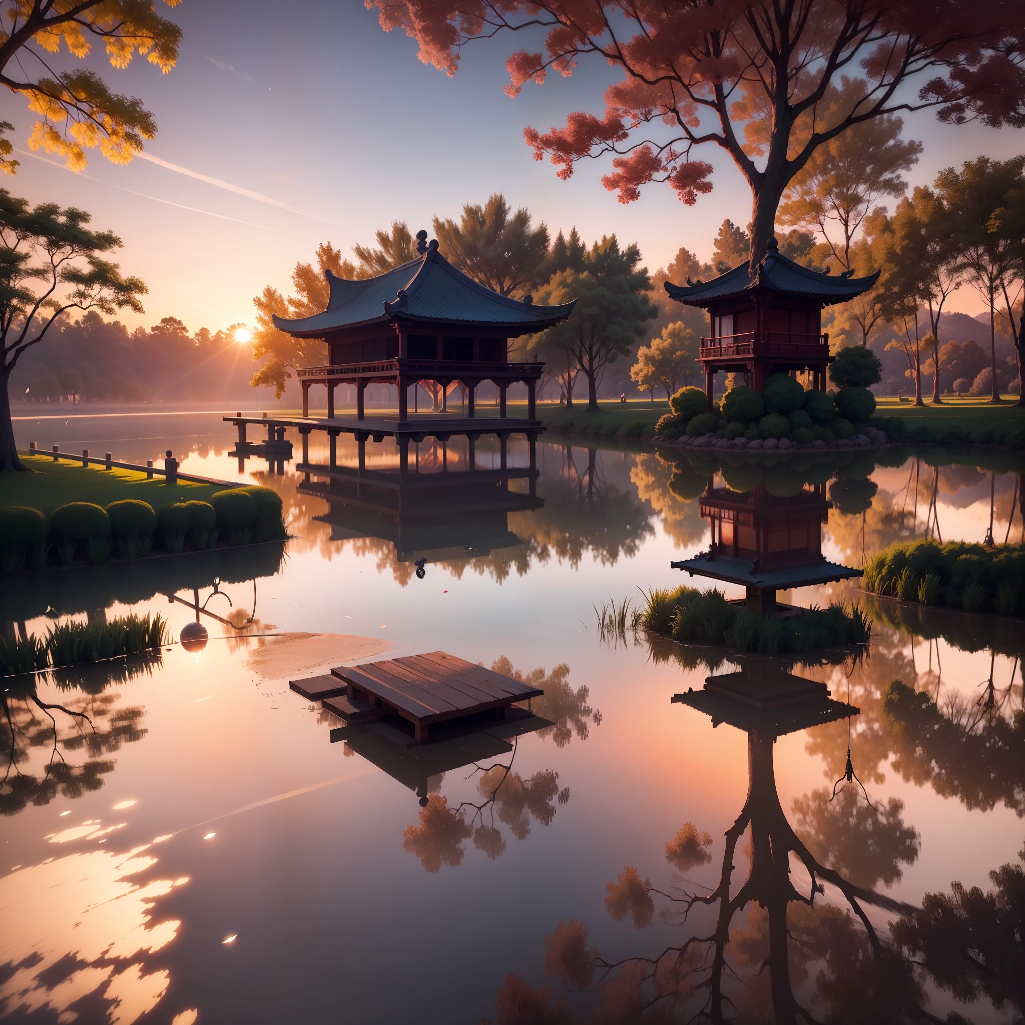(Meticulous depiction,Realistic CG illustration,Ultra high quality 8K wallpaper,best qualtiy),(Delicate light and shadow,Fine details,Extremely Delicately Beautiful),levitating,Jiangnan talent beautiful image,Redcoat,Shadows,lake reflection,Weeping willow water,The swing swayed,A gentle breeze,with petals falling,Bridgeside town,The sunset is against the backdrop,Beautiful and aesthetic atmosphere