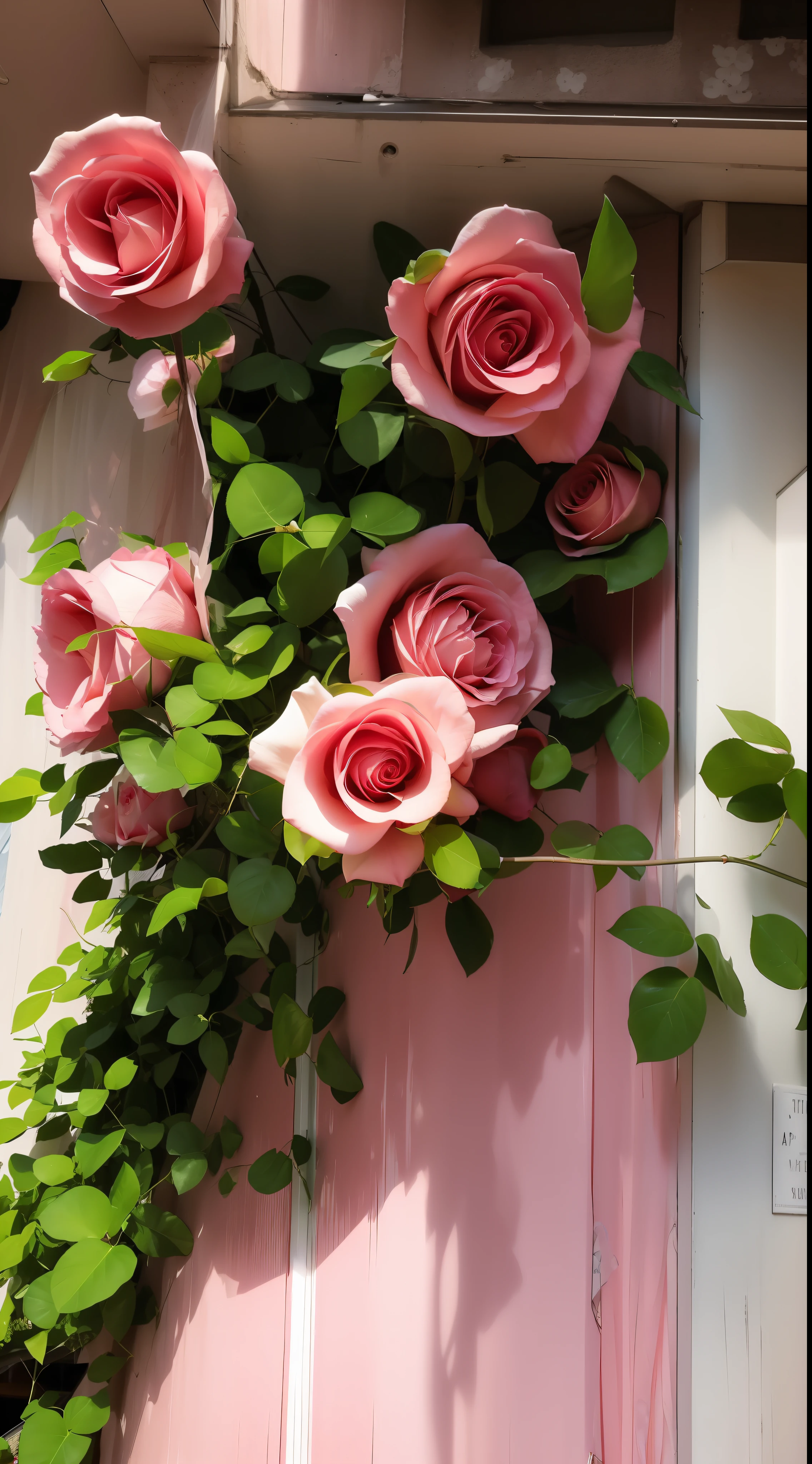 Pink roses grow on the sides of the building, beautiful aesthetic, rosses, nature and floral aesthetics, rosette, a few roses, beautiful flowers growing, roses in cinematic light, Beautiful and aesthetic, rose twining, decorative roses, Beautiful composition, Beautiful flowers, portal made of roses, pastel roses, flowers and vines, Blooming flowers