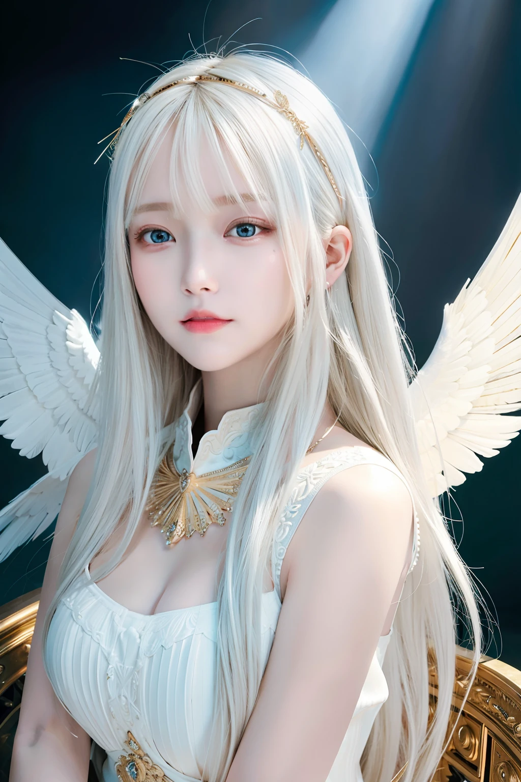 Masterpiece, Best quality, Ultra-detailed, illustration, Close-up, straight on, Face focus, 1girll, White hair, Golden eyes, Long hair, Halo, Angel wings, Serene expression, view the viewer