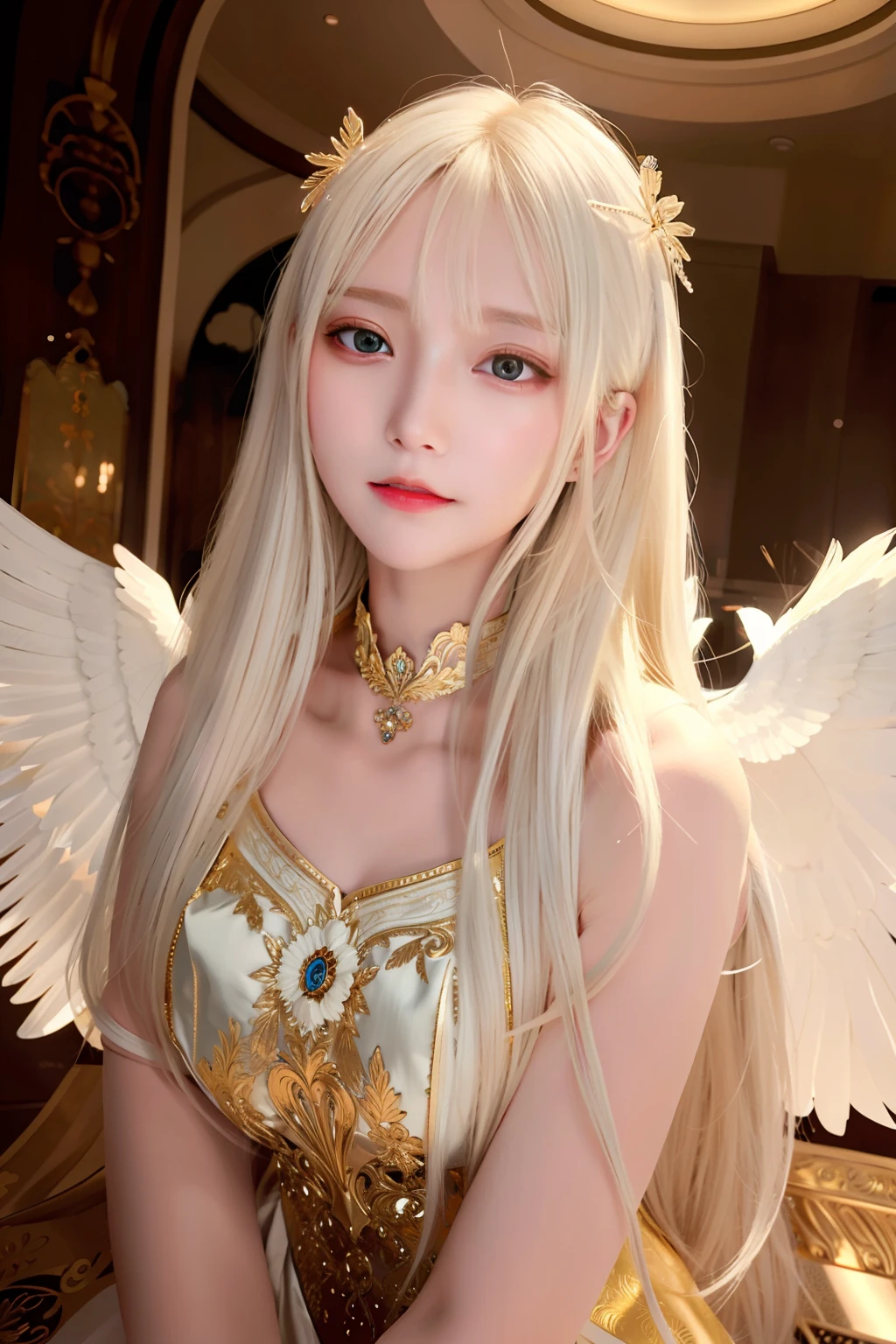 Masterpiece, Best quality, Ultra-detailed, illustration, Close-up, straight on, Face focus, 1girll, White hair, Golden eyes, Long hair, Halo, Angel wings, Serene expression, view the viewer