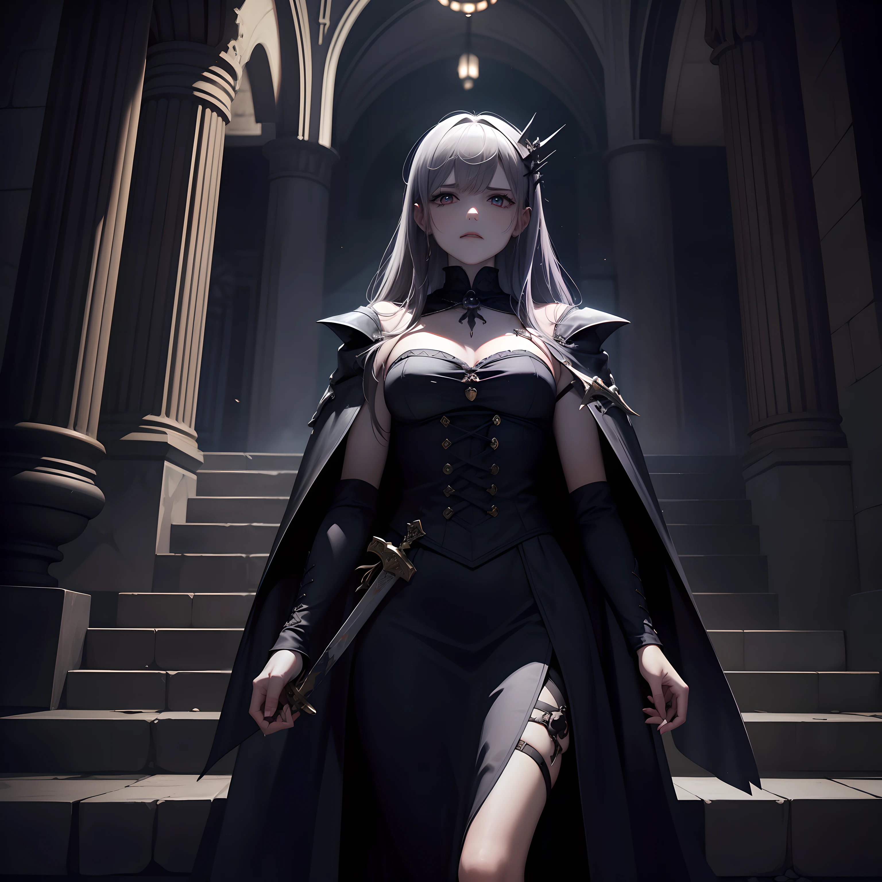 ((tmasterpiece)A high resolution),Empty Skull Throne,stairways,borgar,medieval times,darkly,Gothic。The girl flicked the blood-dripping sword in her hand,It was his father's sword,Now he has the enemy in his hands,But no one in the family could hug her。