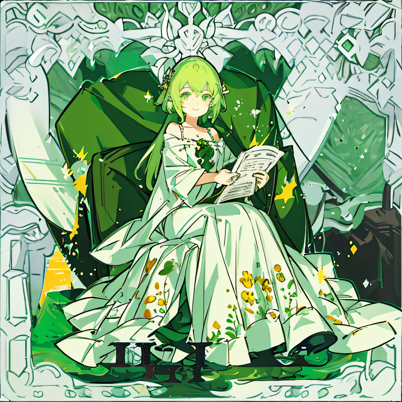 bright green hair,in a long white dress,Sit on grass,Sprinkled with sunlight,Smiling line drawing two-dimensional elf sister