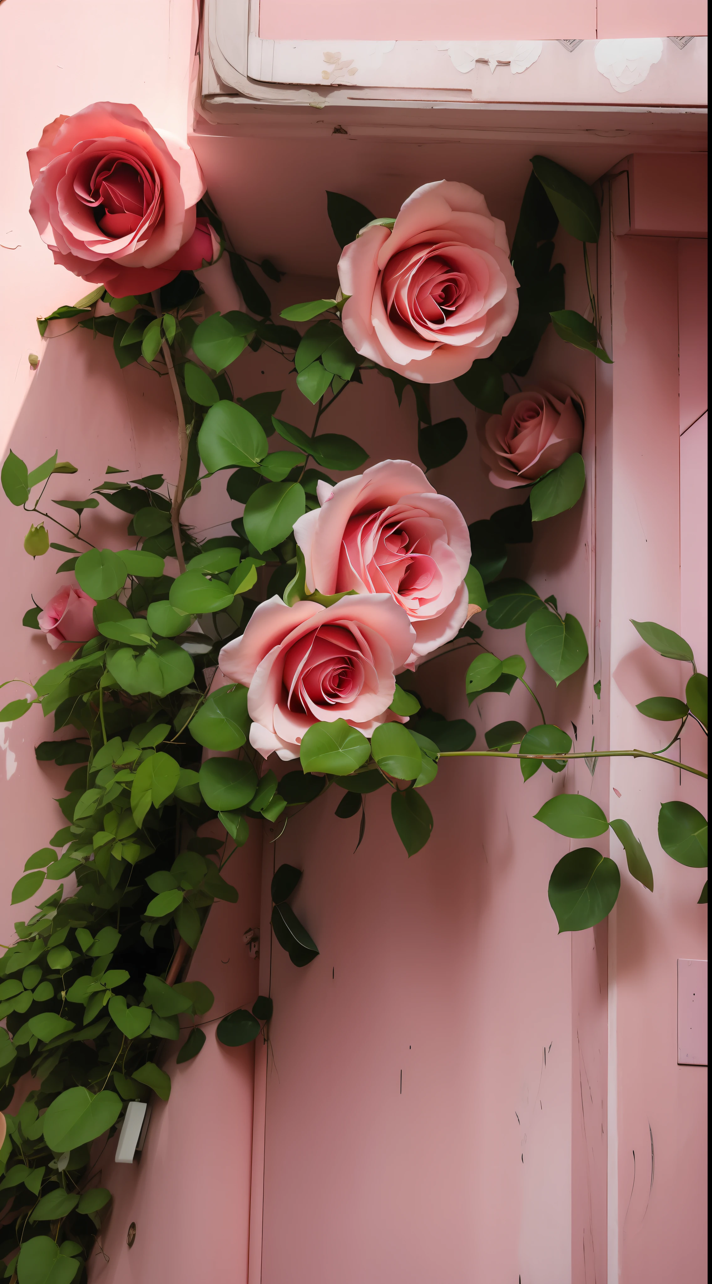Pink roses grow on the sides of the building, beautiful aesthetic, rosses, nature and floral aesthetics, rosette, a few roses, beautiful flowers growing, roses in cinematic light, Beautiful and aesthetic, rose twining, decorative roses, Beautiful composition, Beautiful flowers, portal made of roses, pastel roses, flowers and vines, Blooming flowers