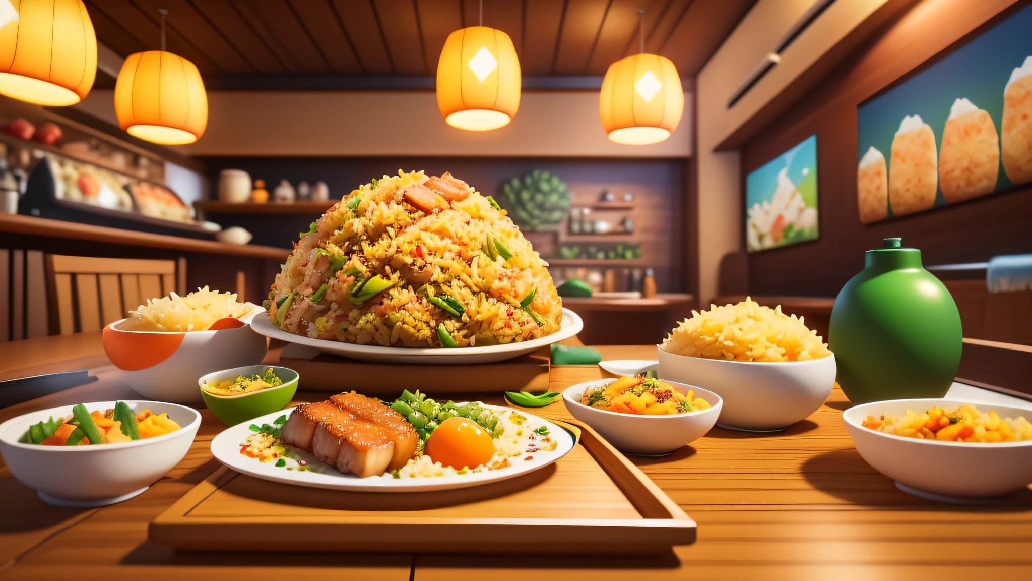 Cartoon style, game scene atmosphere map, Pixar style, orange aroma, several plates of food on the table, fried rice with green onion and egg, braised pork, steamed fish, glass drink cup, restaurant for the night, casual play style, low poly, lowpoly, best detail, 3d, masterpiece, best quality, Unreal Engine, cartoon rendering, 8K