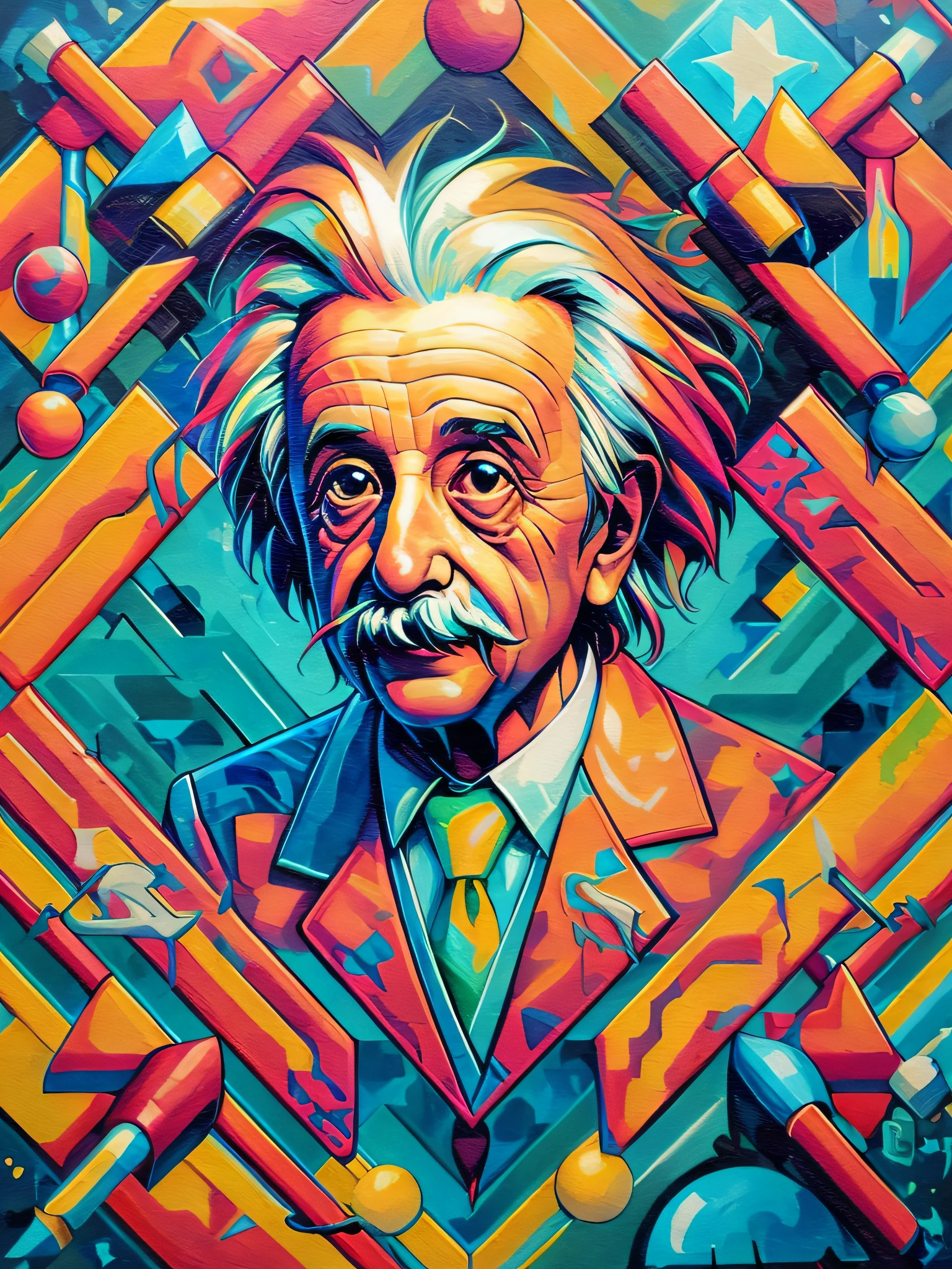 (Best quality),(masterpiece),(ultra detailed),(high detailed),(extremely detailed),centered, isometric, mural, graffiti, composition, shapes, patterns, vector art ready to print highly detailed graffiti illustration of Einstein