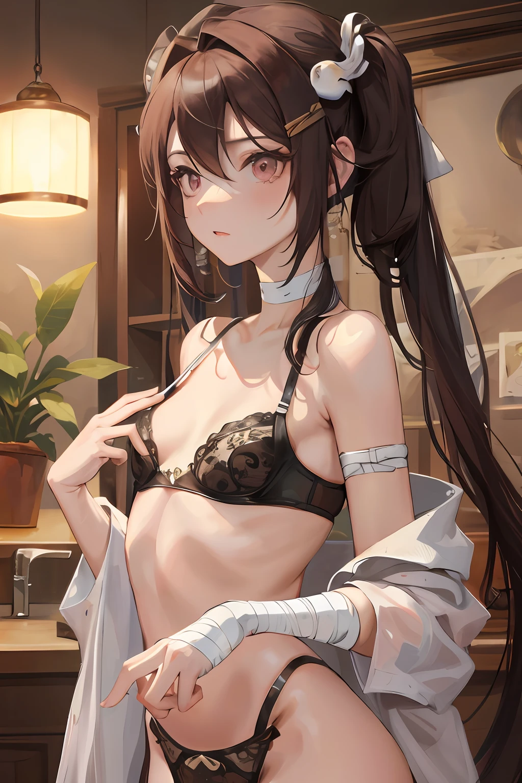 masterpiece, best qualified, SushangV4, 1girl, Alone, long hair, breasts,, small breasts, hair ornament, bandages, bare shoulders, pigtail, lingerie, body bandages