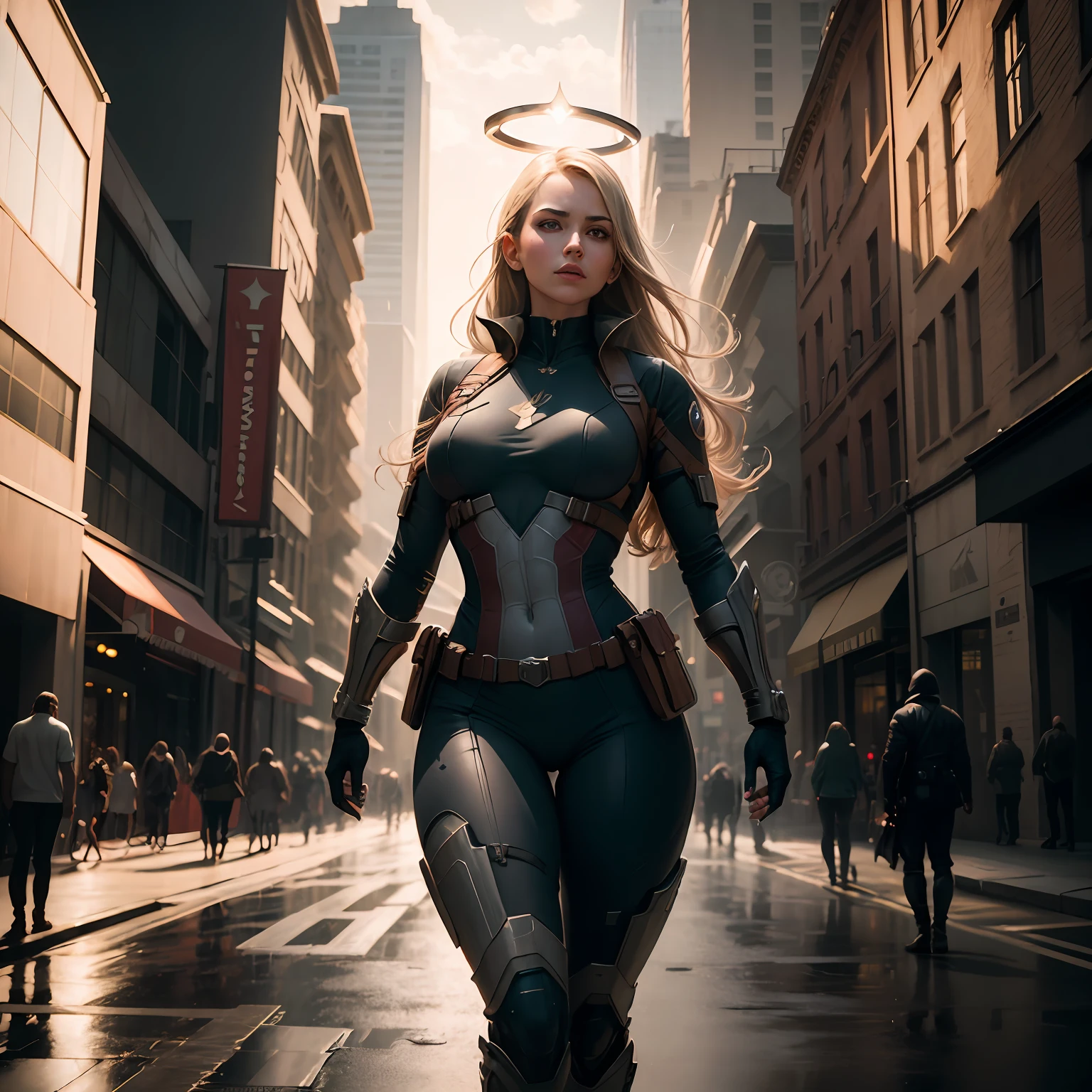 full body photo of a sexy girl with a captain america cosplay, curvaceous, sexy pose, urban street, in the background, a halo of energy, award winning photography, Elke vogelsang, perfect composition, beautiful detailed intricate insanely detailed octane render trending on artstation, 8 k artistic photography, photorealistic concept art, soft natural volumetric cinematic perfect light, chiaroscuro, award - winning photograph, masterpiece, oil on canvas, raphael, caravaggio, greg rutkowski, beeple, beksinski, giger