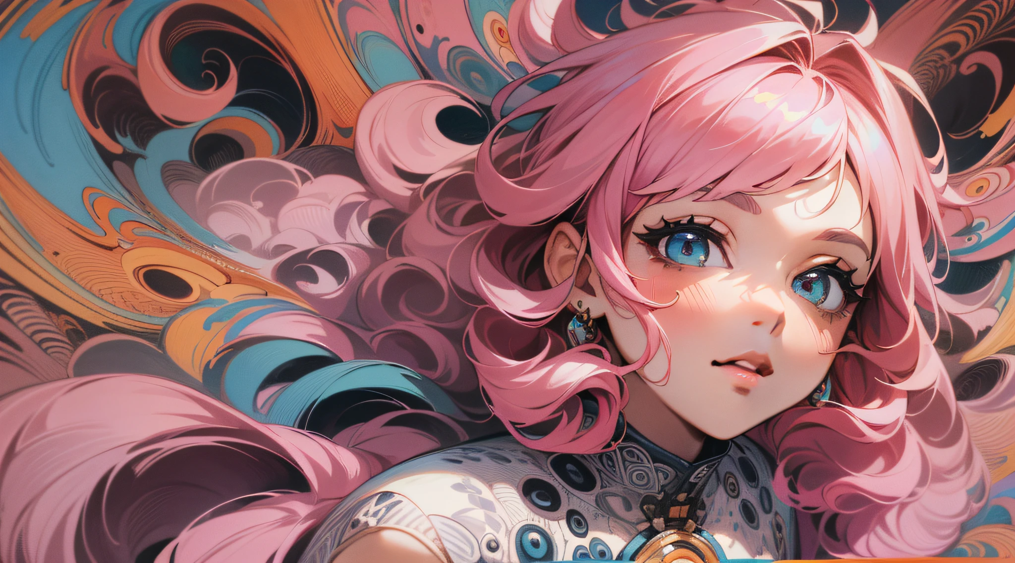 ((masterpiece:1.2, best quality)), ultra detailed, Ultra-precise depiction, Ultra-detailed depiction, (zentangle:1.2), (dynamic pose), (abstract background:1.5), wavy long hair, pink hair, 1girl, colorful, portrait, (from above:1.2)