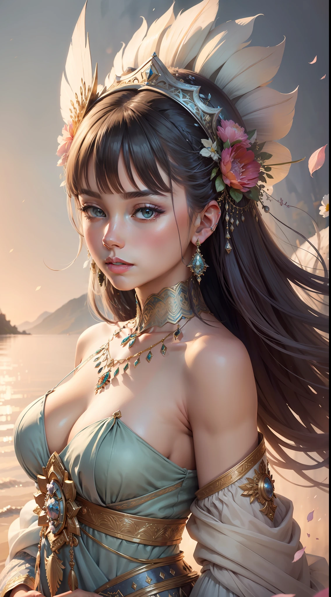 The style of watercolor,A beauty in a gorgeous dress,Wear intricate and heavy headdresses,flowy,fresh flowers,toplight,glittery,unbelievable,fictional,best qualtiy,8K,rich details,Ultra-high resolution